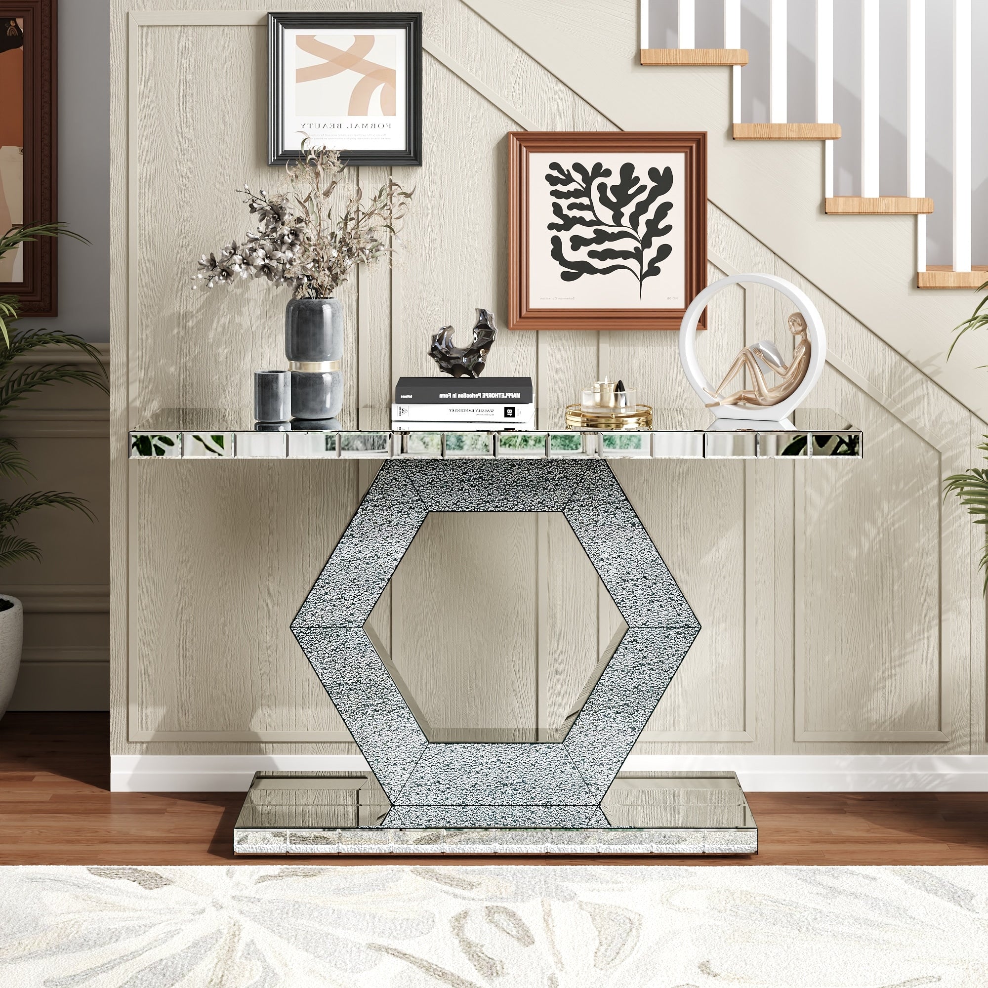 Sparkling Crystal Hexagon Mirror Entryway Premium Modern Foyer Console Table With Diamond Glass Effects
