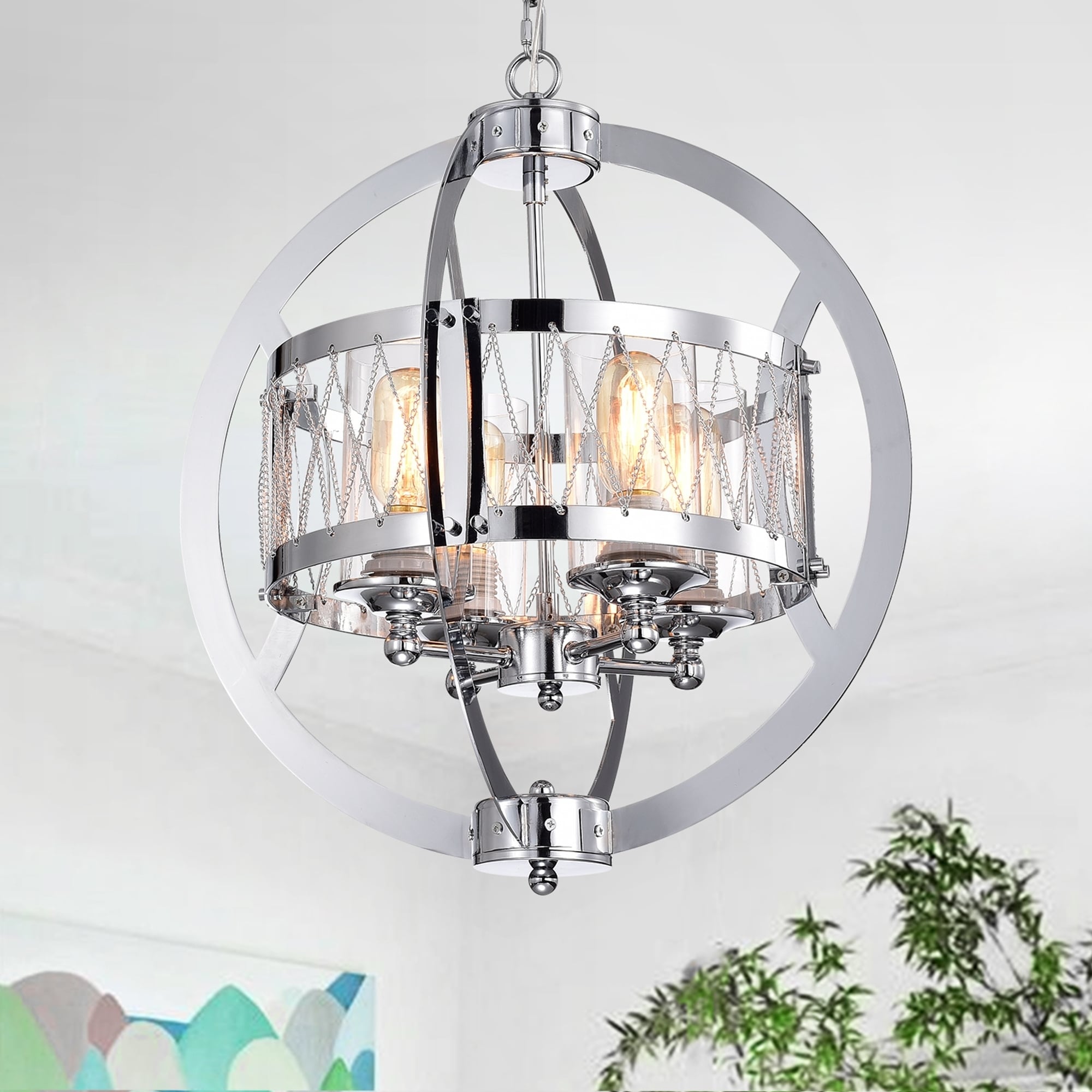 Spelbow 4 Light Chrome Globe Chandelier Includes Edison Bulbs