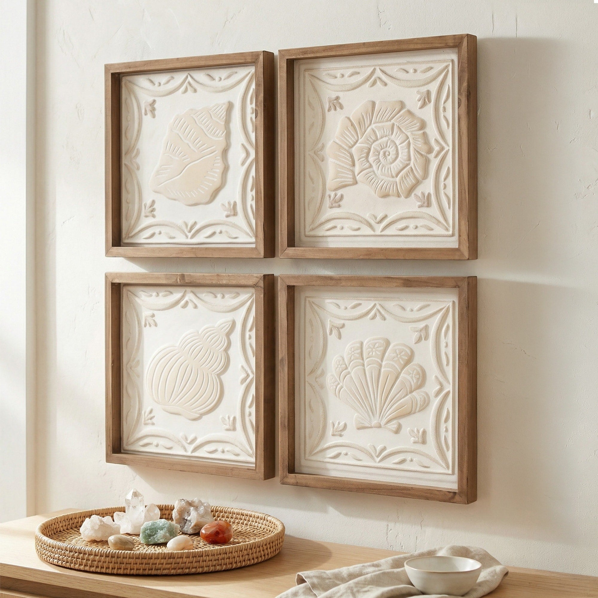 Spiral Seashells Framed 3D Coastal Beach Wall Art Set Of 4 For Bathroom Bedroom Beach House Decor 9X9