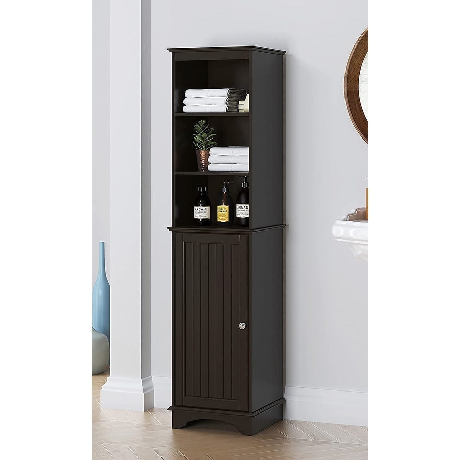 Spirich Home Befreestanding Storage Cabinet With Three Tier Shelves Tall Slim Cabinet Free Standing Linen Tower White Finish
