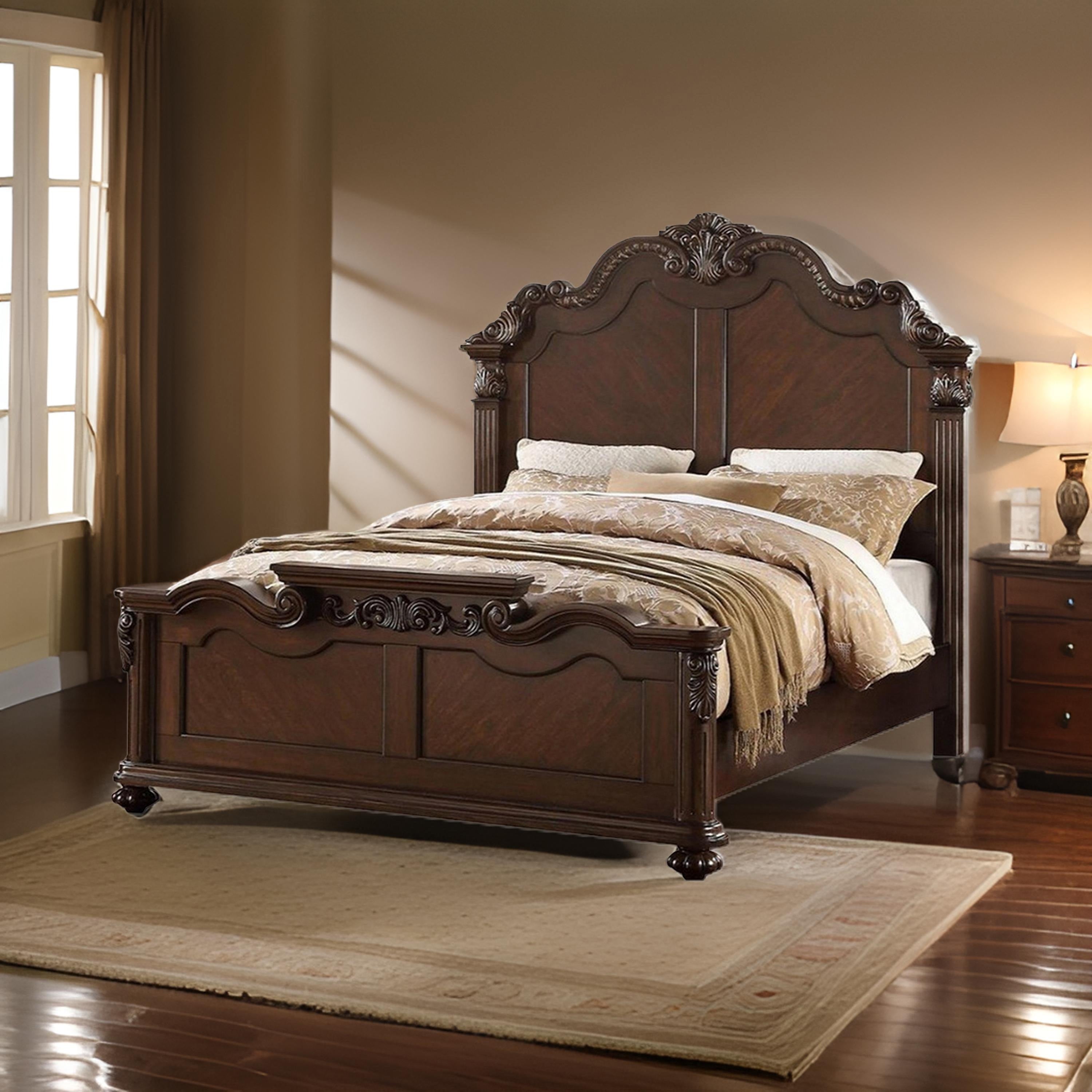 Splendidly Carved Queen Wooden Bed Dark Walnut And Veneer Finish