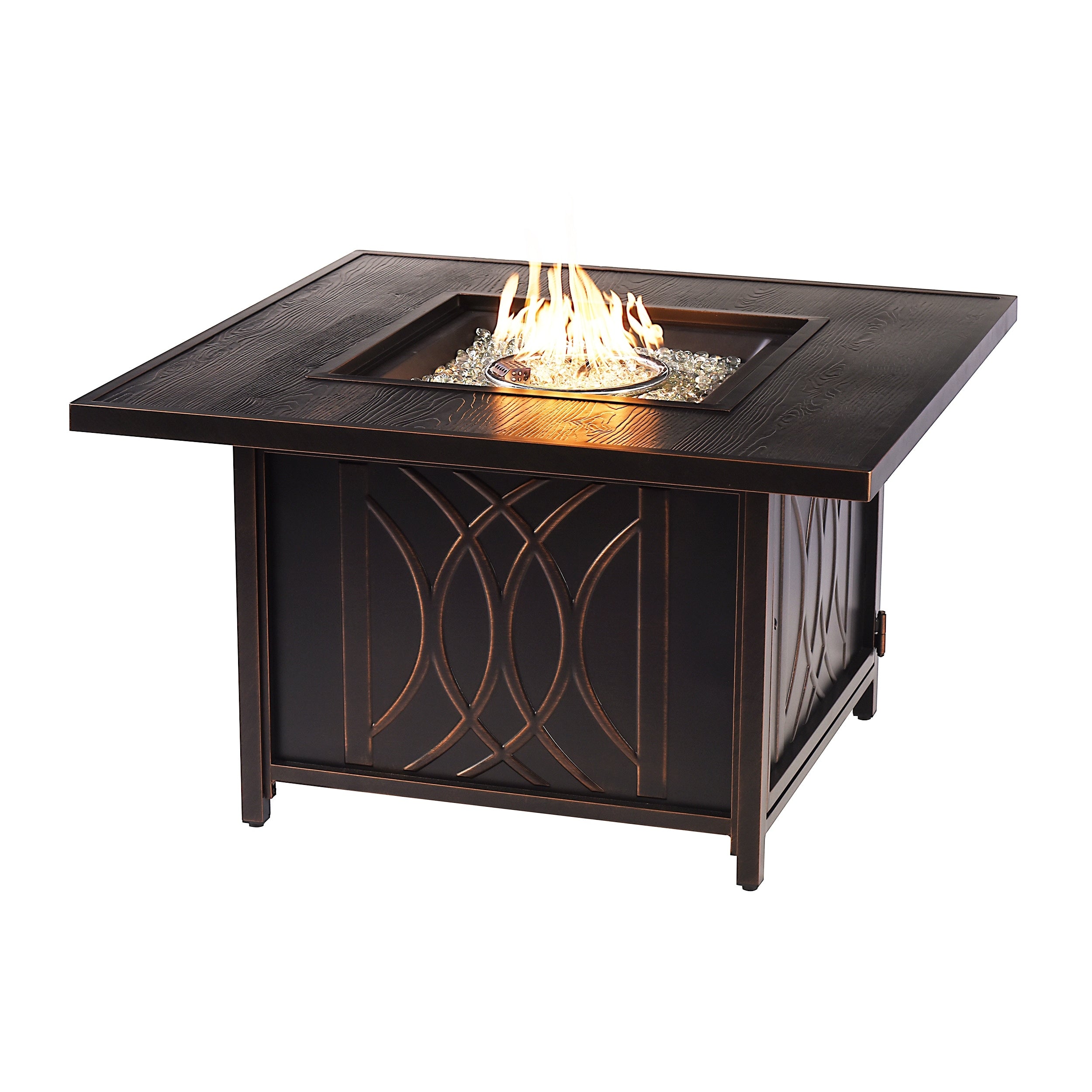 Aluminum Outdoor 42 In. Square Propane Fire Table With Wind Blockers Fire Beads Lid And Fabric Cover In Antique Copper Finish