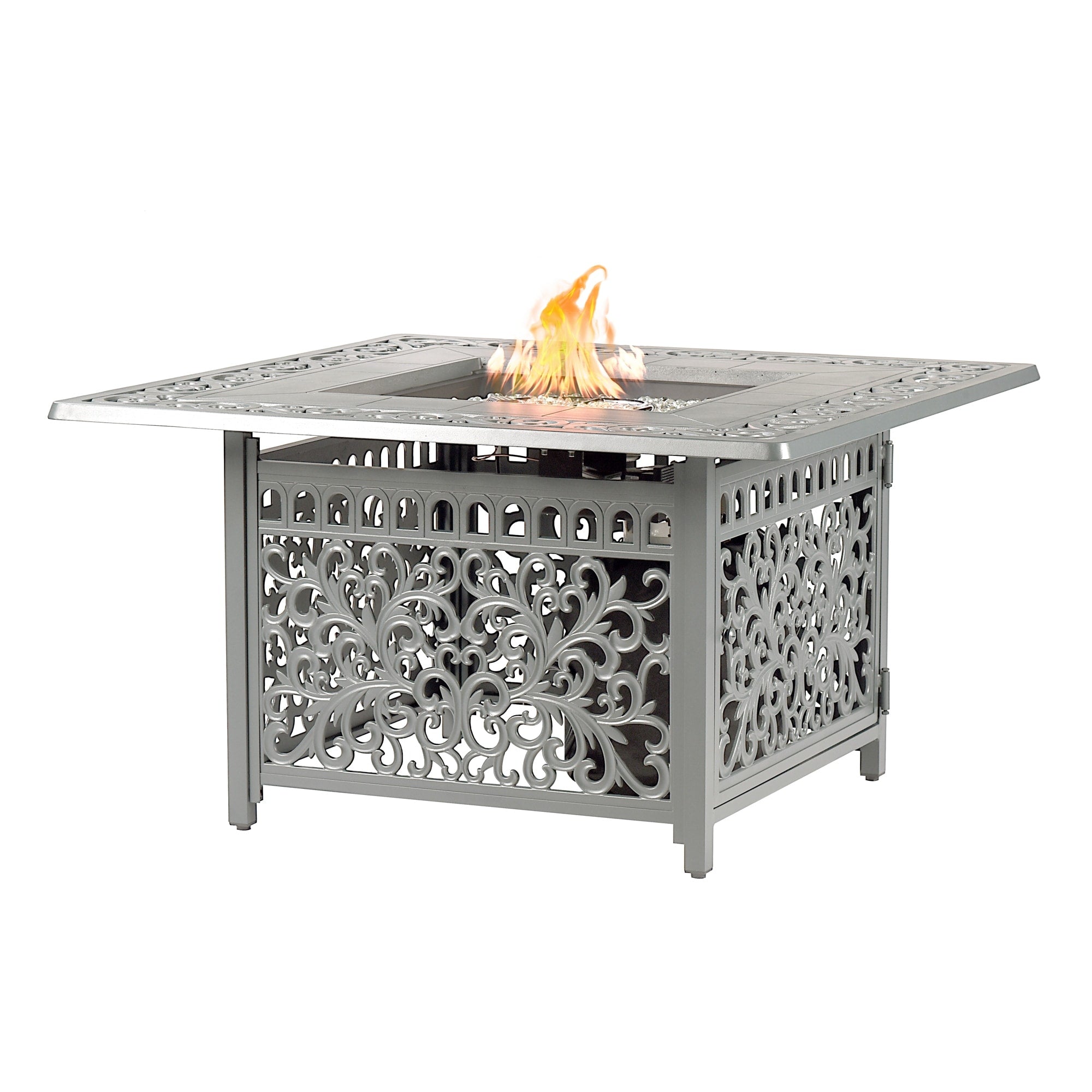 Aluminum Outdoor 42 In. Square Propane Fire Table With Wind Blockers Fire Beads Lid And Fabric Cover In Antique Copper Finish