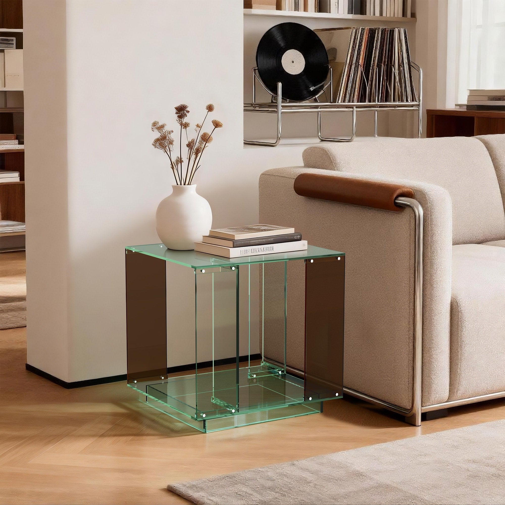 Square Acrylic End Table Green Tinted Bedside Record Player Table Nightstand With Open Shelf Storage