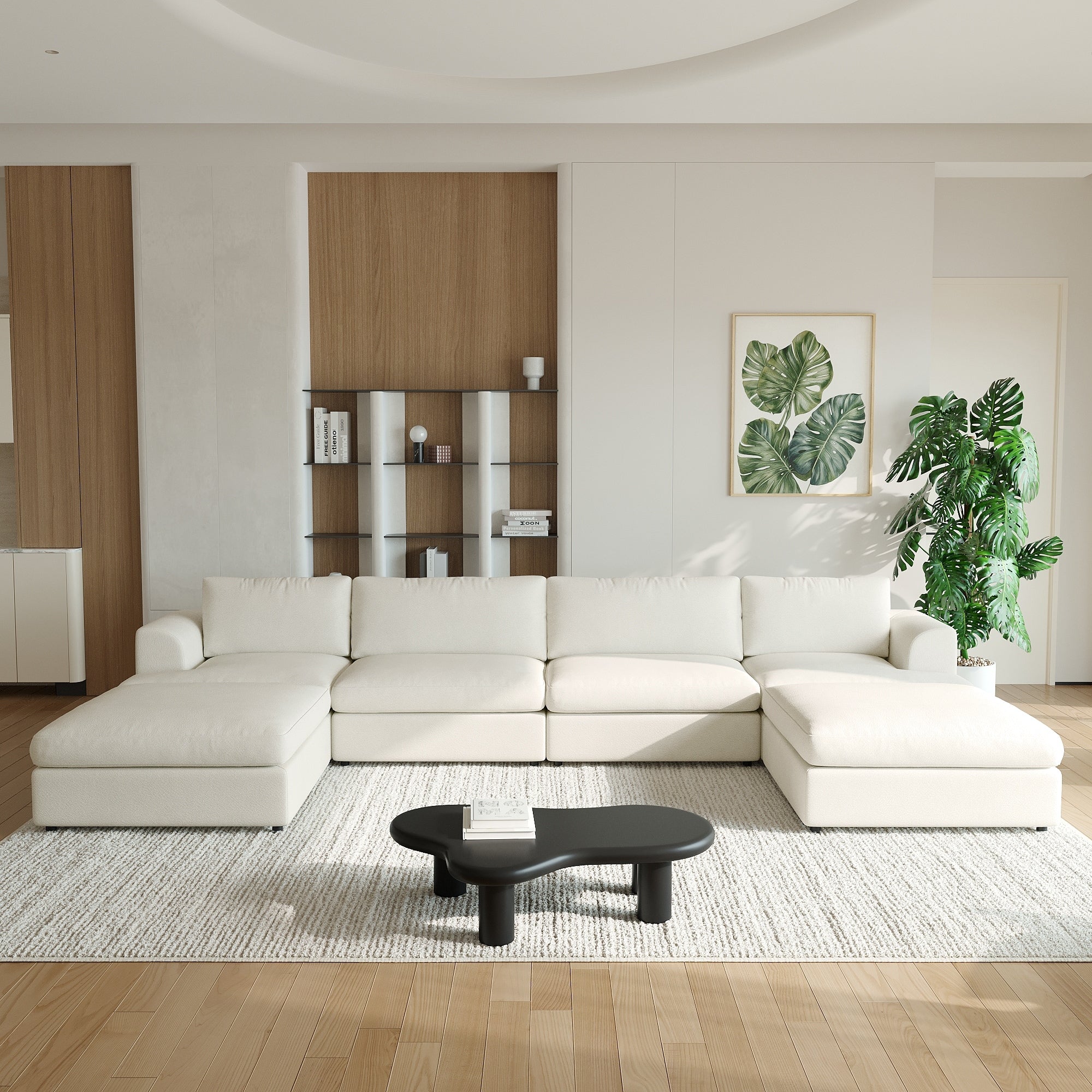Square Arm Boucle U Shaped Sectional Sofa With 2 Chaise Ottomans Detachable Seat Cushion Backrest Cover