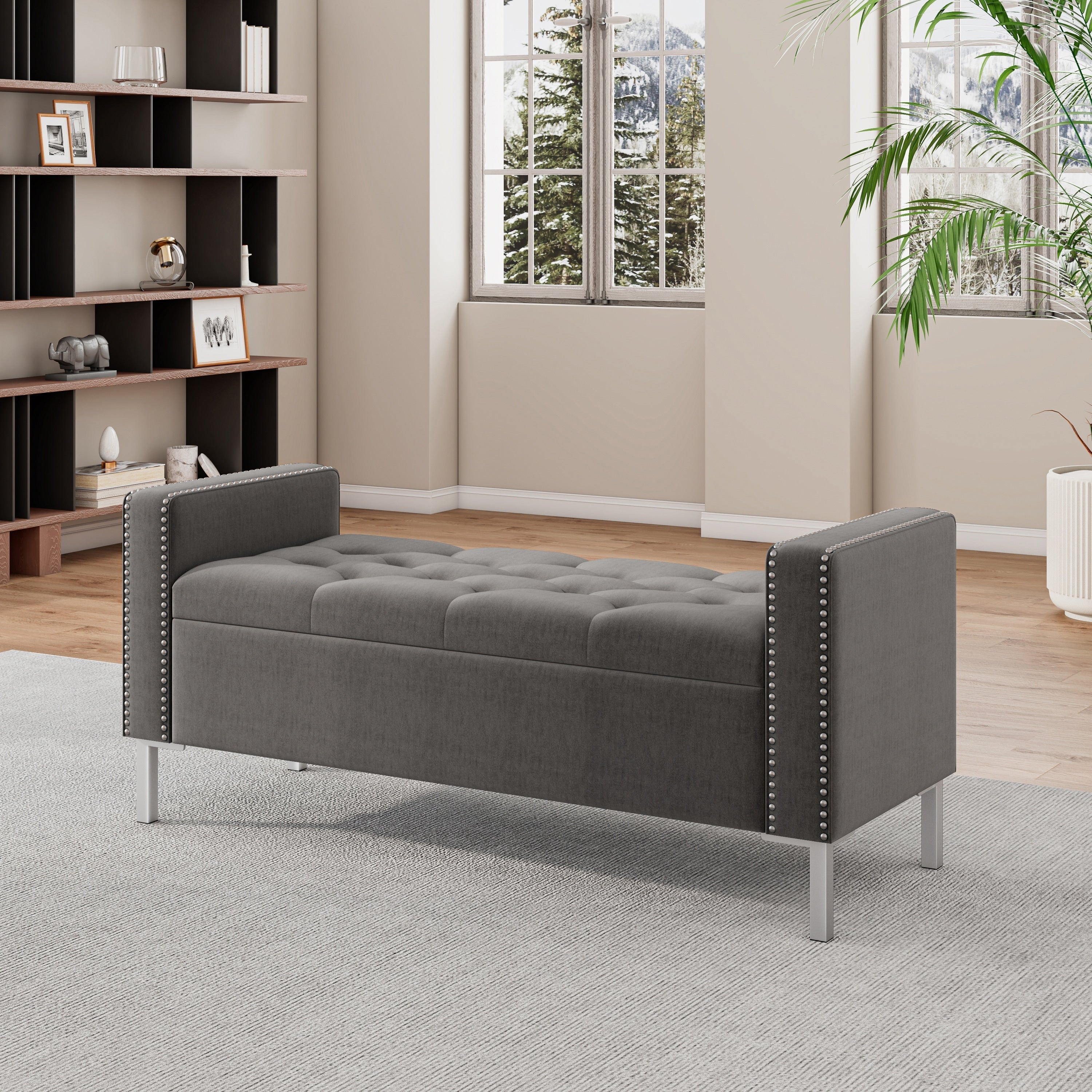 Square Arm Tufted Top Storage Bench Ottoman With Pewter Nailhead Trim In Plush Velvet In Charcoal Gray