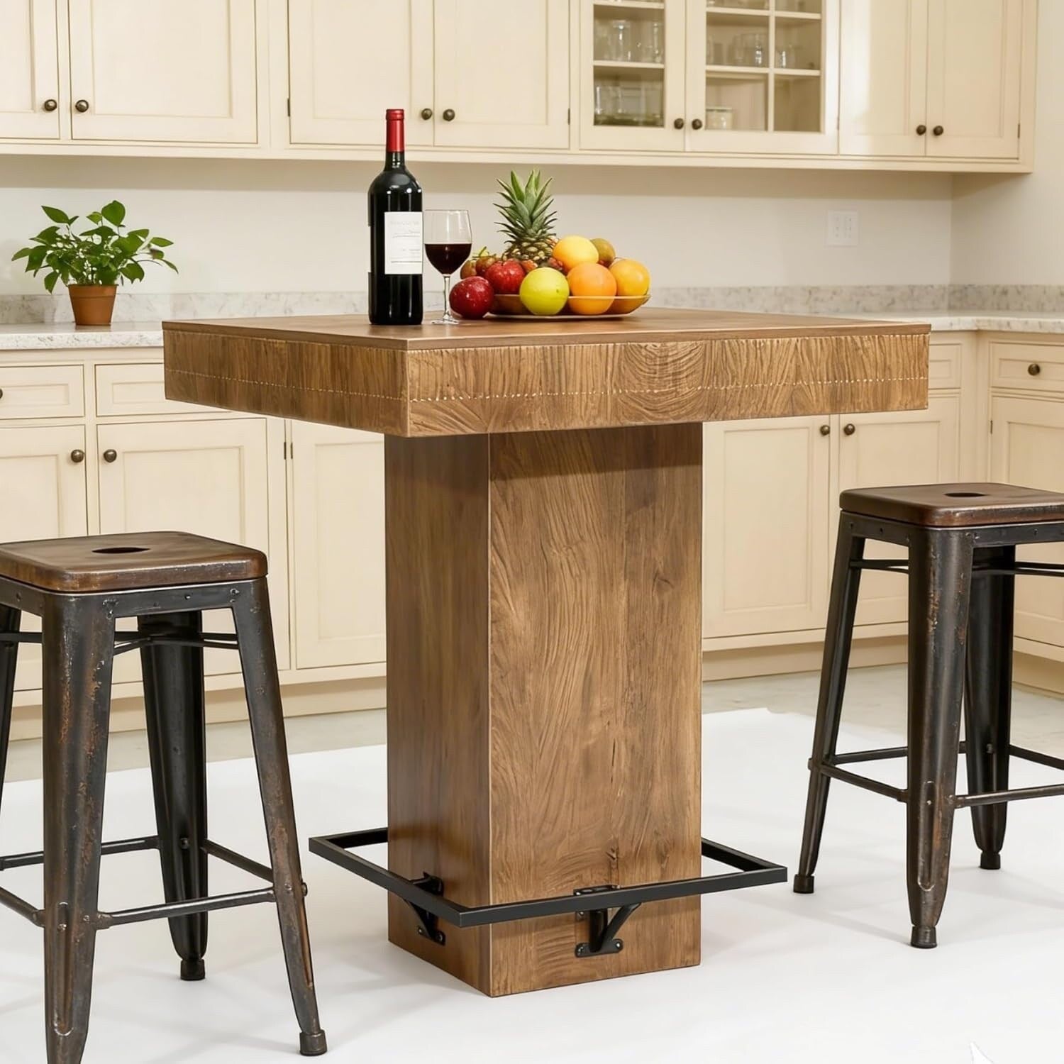 Square Bar Table 37.4 H Wooden Bistro Pub Table With Metal Footrest For Small Bars Kitchen Nook