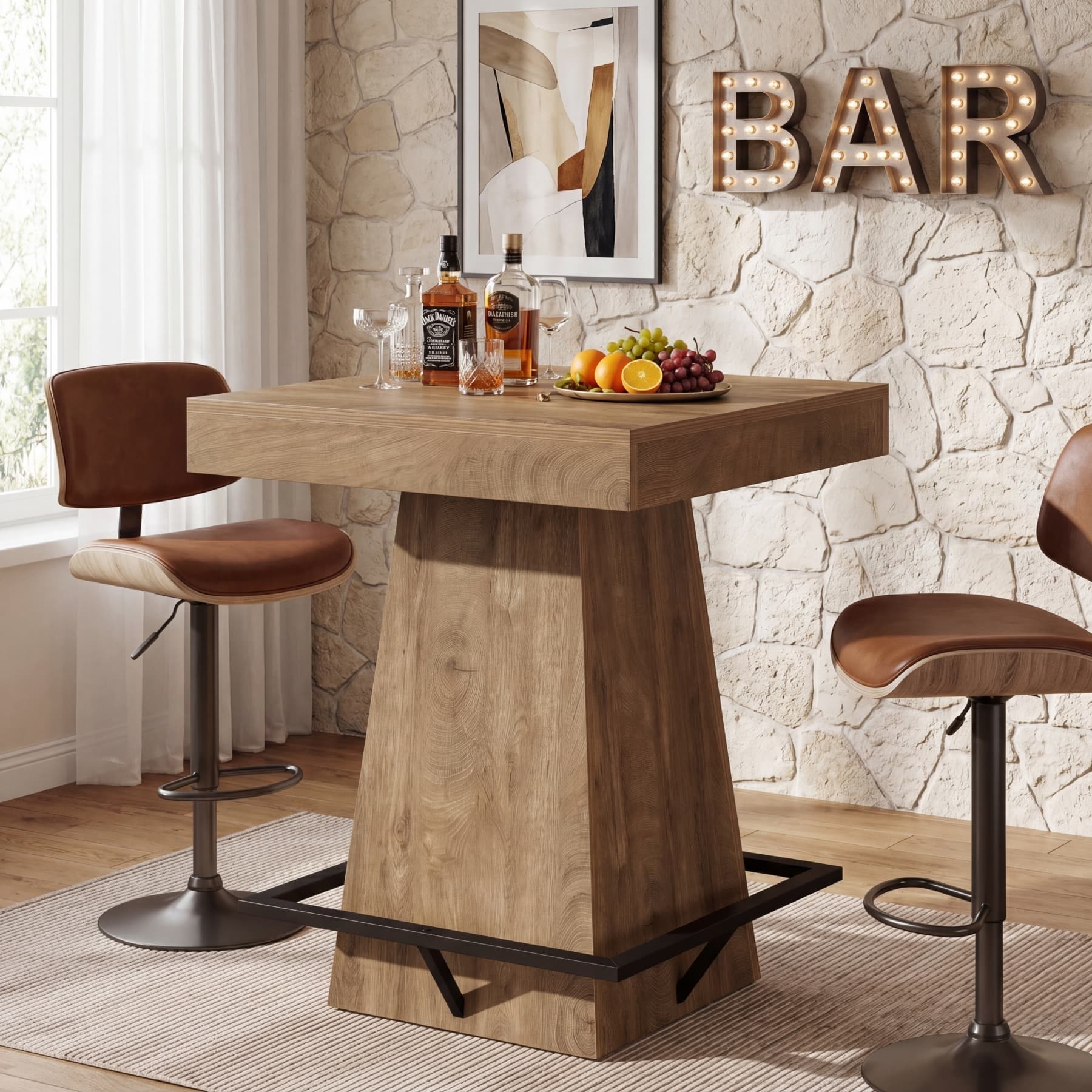 Square Bar Table 37.4 High Pub Table With Metal Footrest