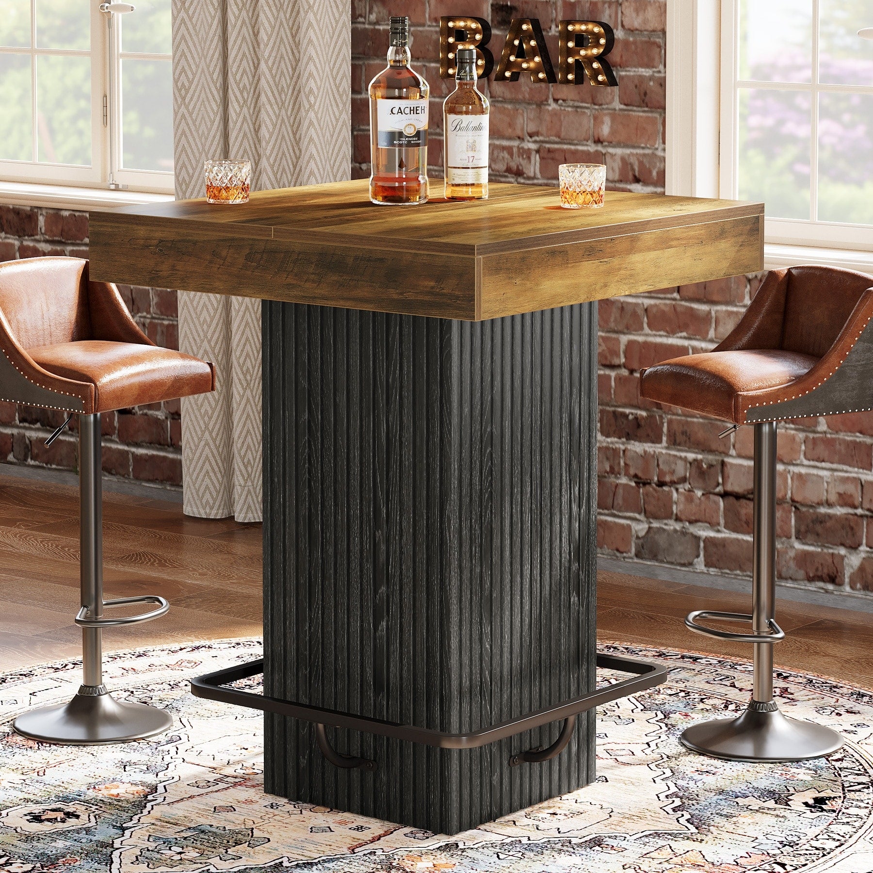 Square Bar Table Industrial Counter Height Pub Table With Metal Footrest 31.5 D X 31.5 W X 39.7 H