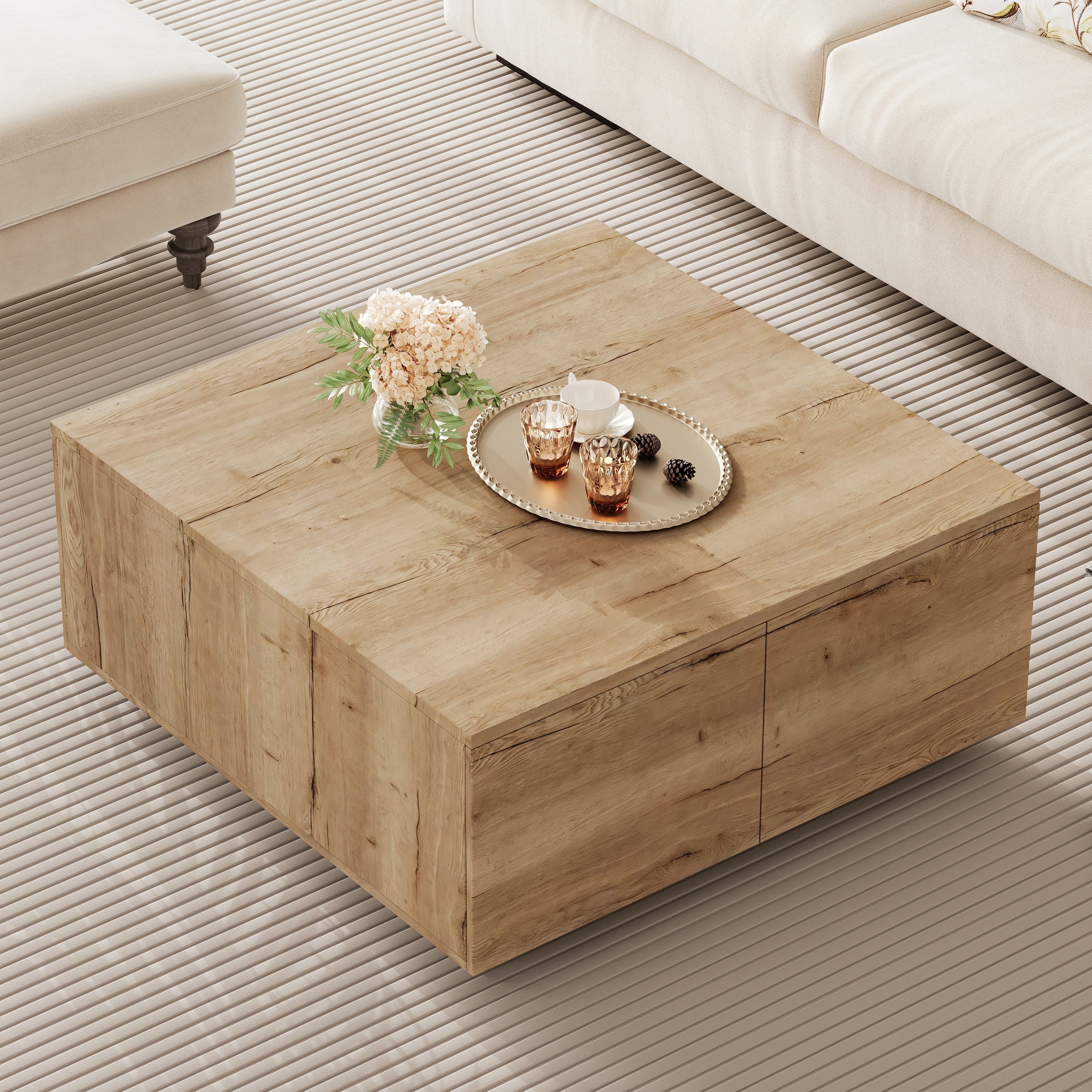 Square Coffee Table Modern Center Table With 4 Drawers Cocktail Table Natural End Table For Living Room