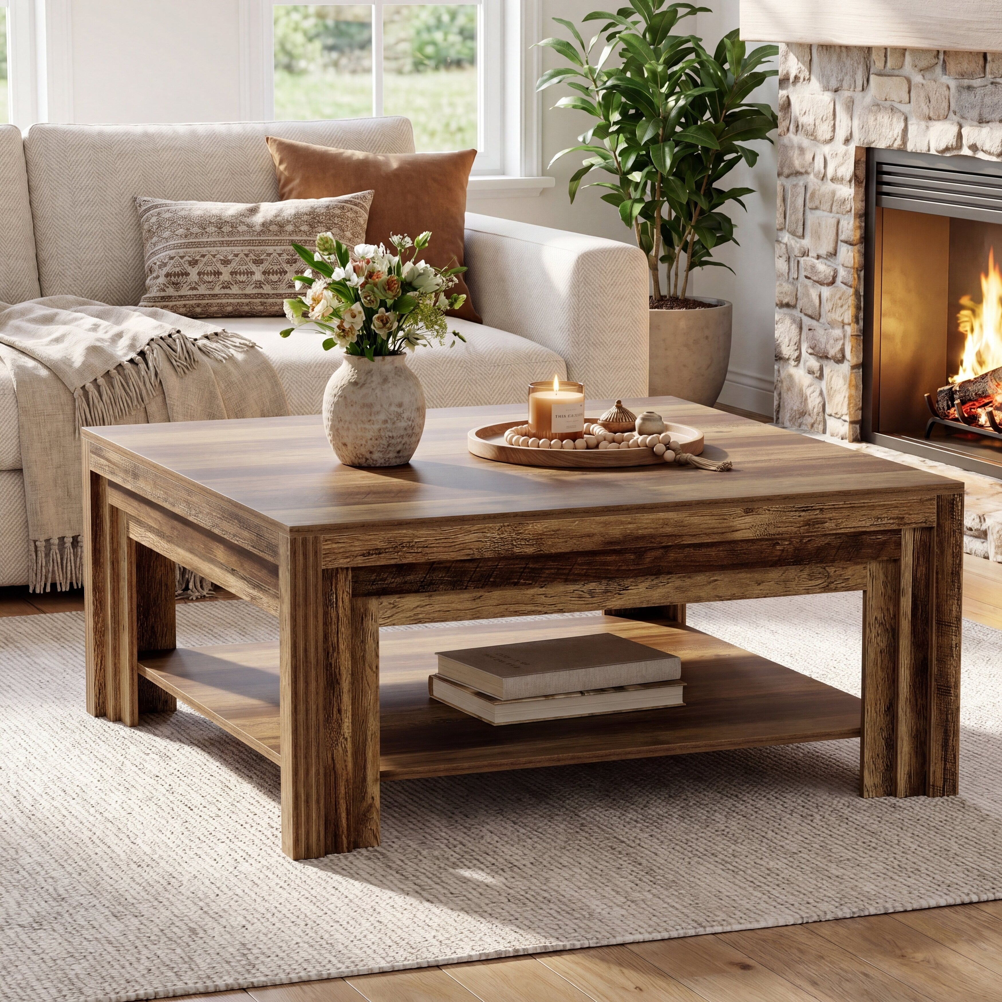 Square Coffee Table With Storage Shelf 39 Inch Rustic Farmhouse Center Tea Table For Living Room Sofa Apartment Small Space
