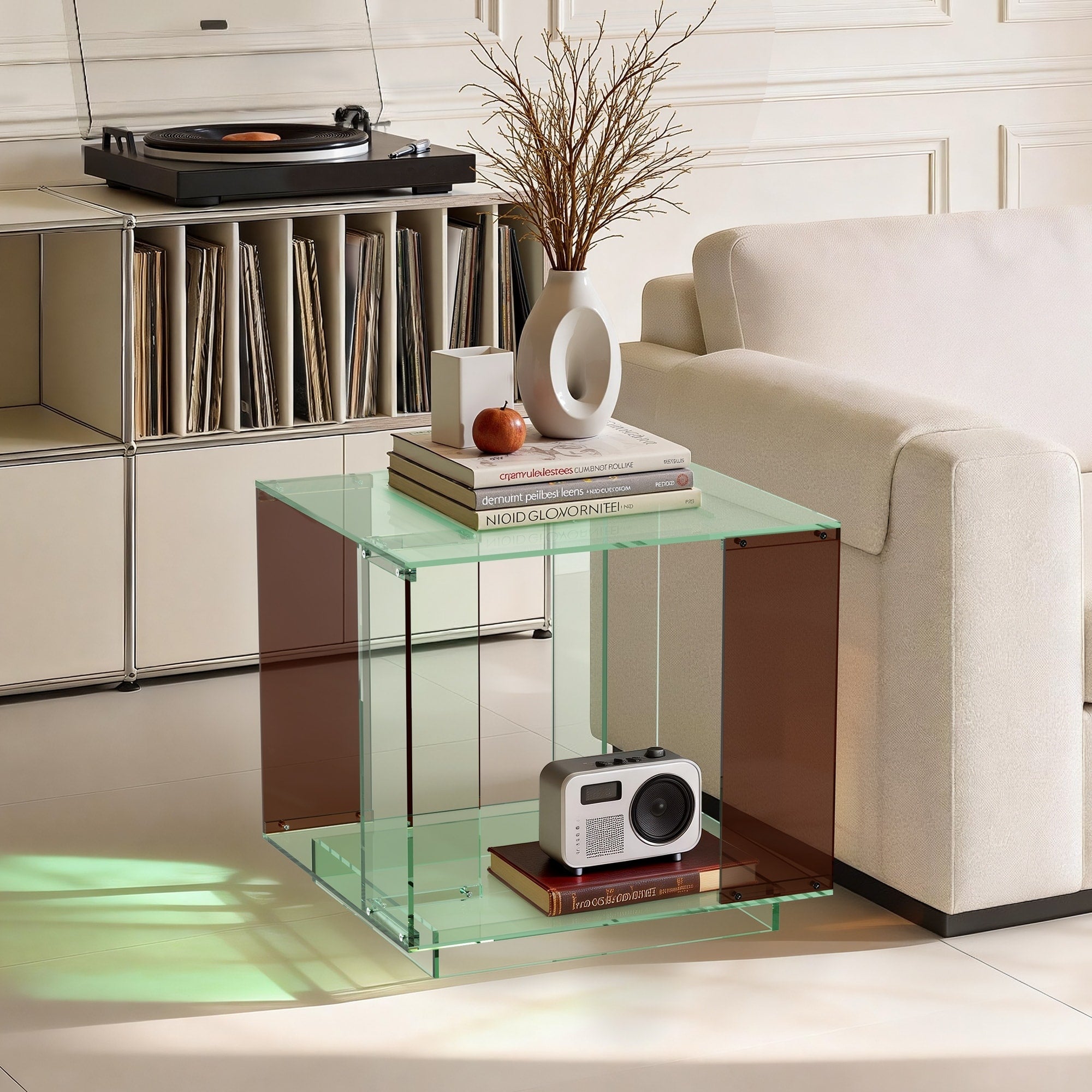 Square Cube Acrylic Record Player Table With Open Shelf Clear Side Table Nightstand For Bedrooms Living Room