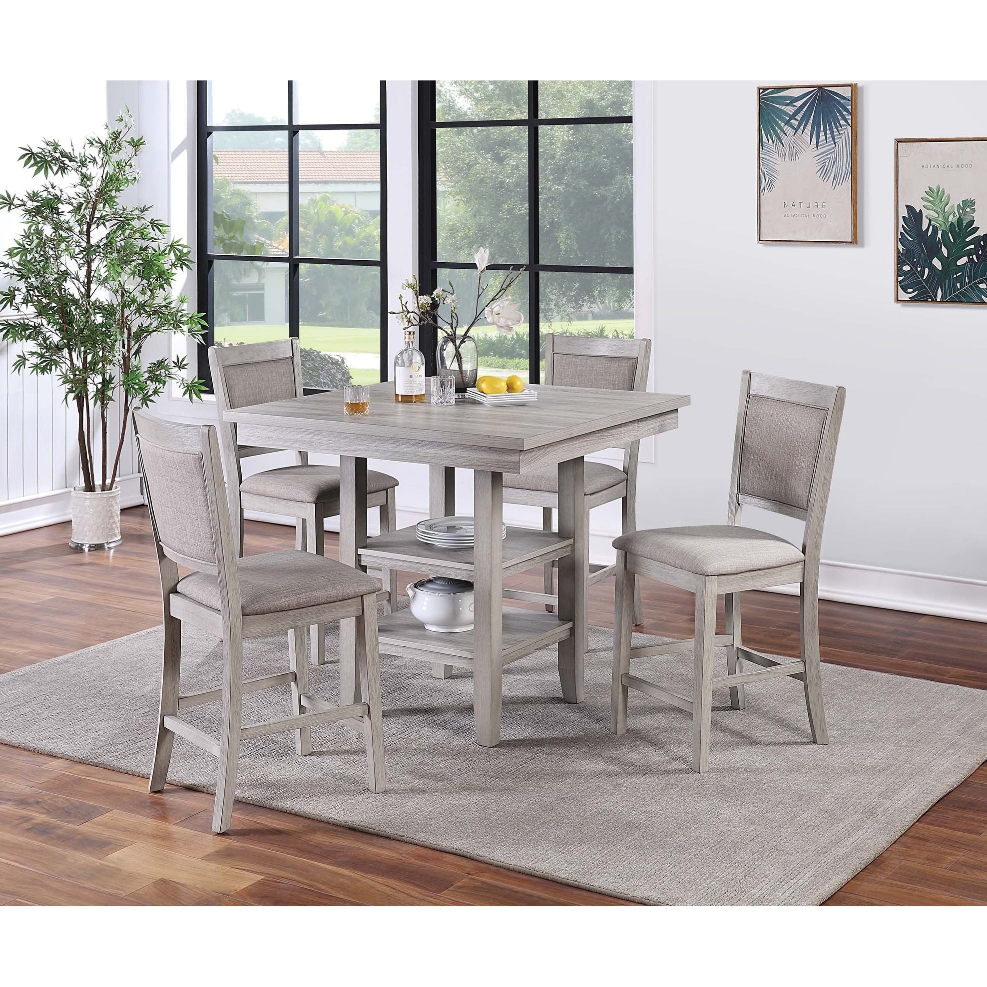 Square Dining Table Set 5Pc Rustic Gray Finish Open Shelf