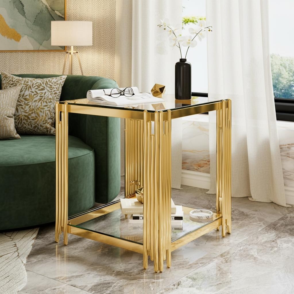 Square Gold Glass End Table With 2 Tier Shelf And Sculptural Metal Frame By Harper Bright Designs