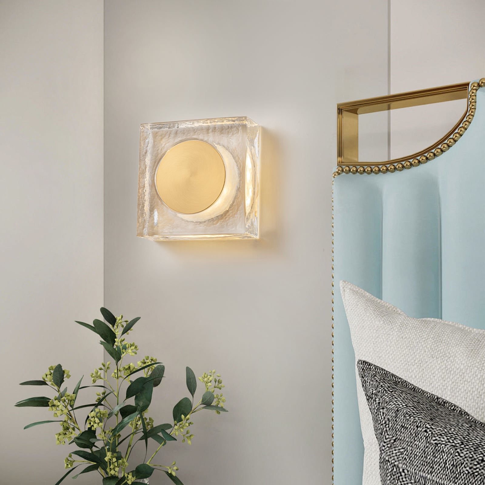 Square Led Wall Sconce Clear Textured Handblown Glass Shade Dimmable