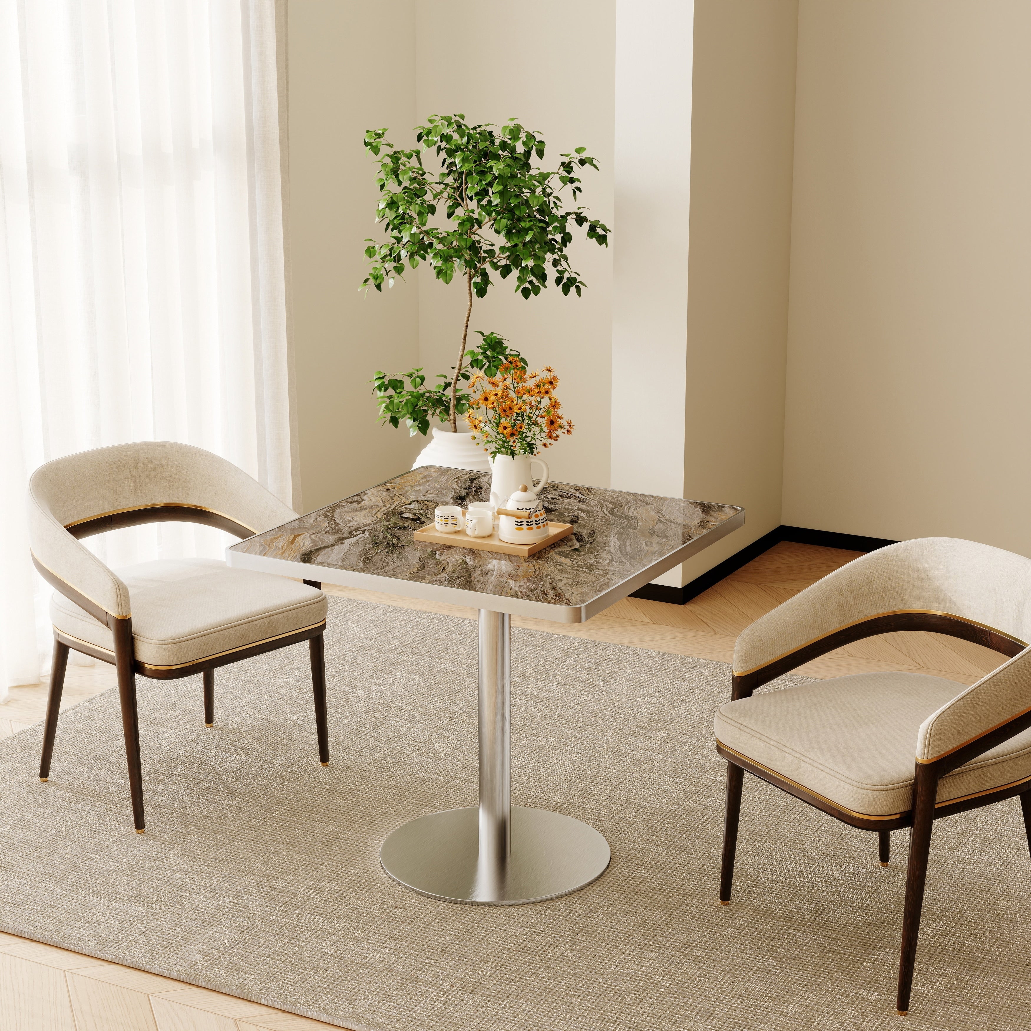 Square Modern Dinning Table 31.5 Inches Bistro Table Tulip Table With Faux Marble Top Sturdy Metal Frame Diameter