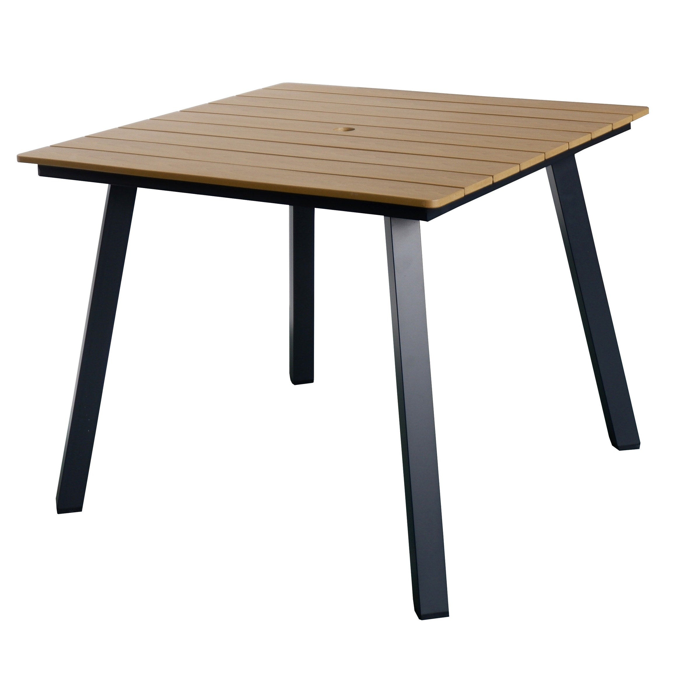 Square Patio Dining Table With Umbrella Hole Heavy Duty Iron Frame Wood Plastic Composite Tabletop