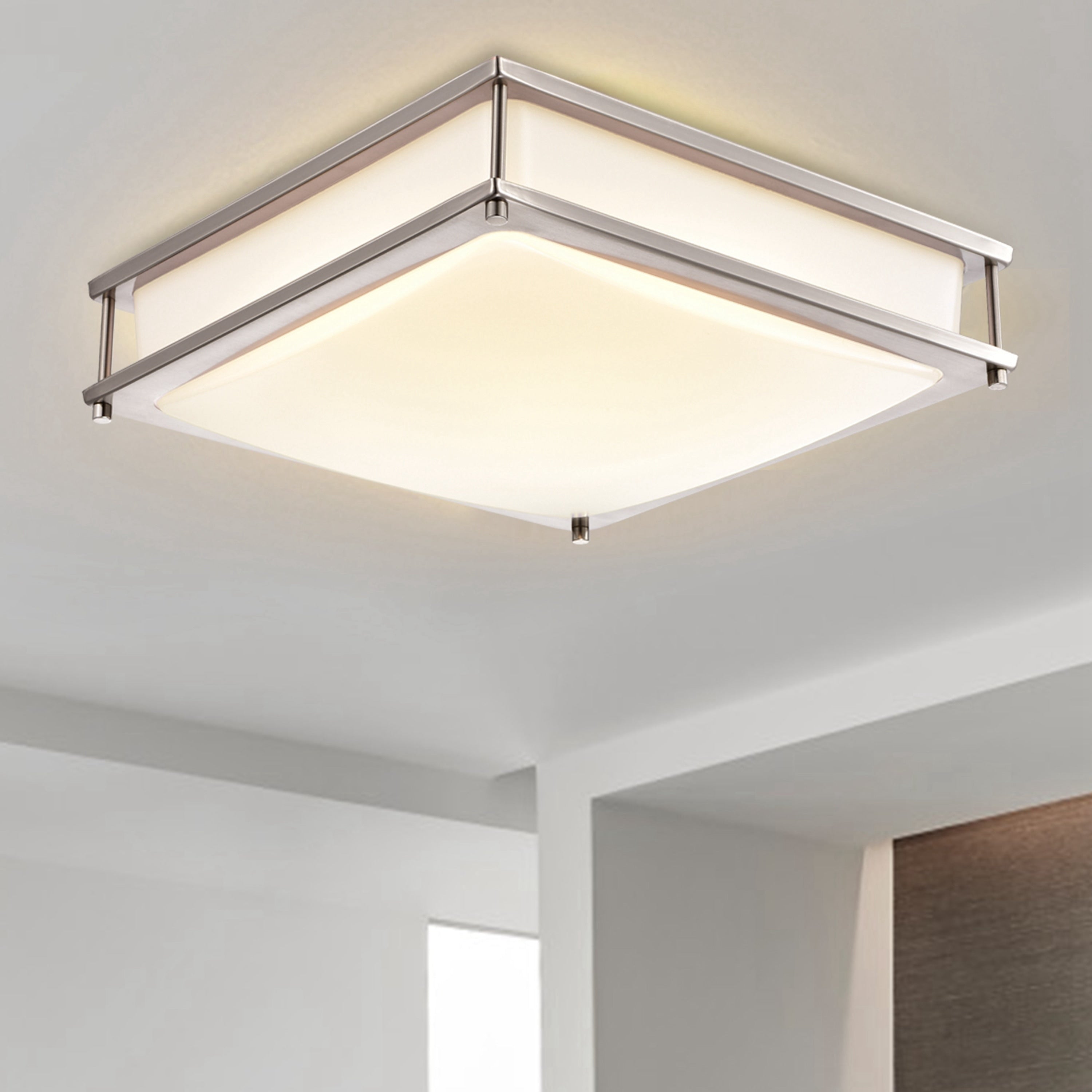Square Satin Nickel Dimmable Led Flush Mount Ceiling Light With Selectable Color Temperature 3000K 4000K 5000K