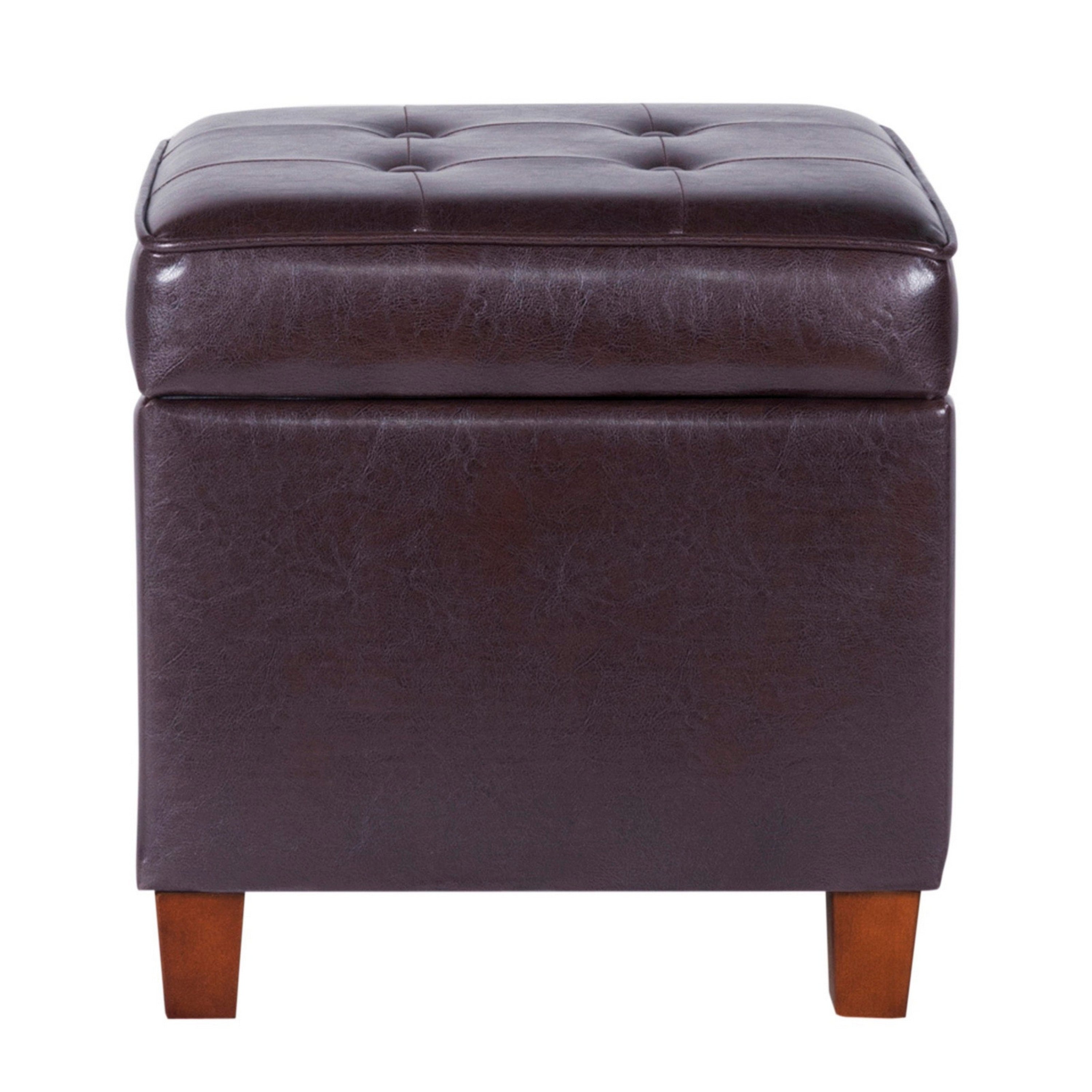 Square Shape Leatherette Upholstered Wooden Ottoman With Tufted Lift Off Lid Storage Brown
