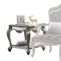 Square Shape Wooden End Table With Polyresin Carvings And Bottom Shelf Silver