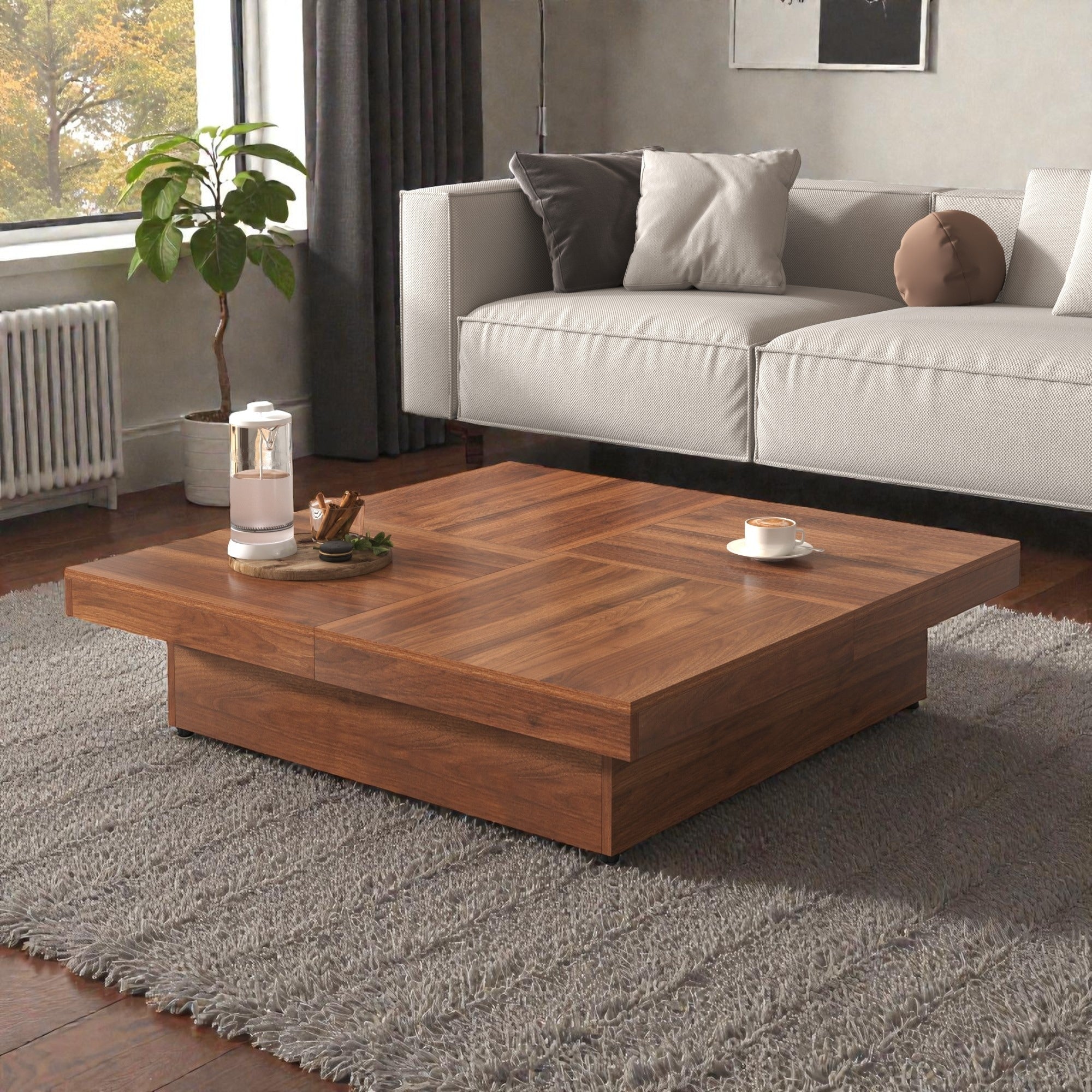 Square Sliding Top Coffee Table With Storage Modern Veneer Wood Coffee Table Hidden Storage Center Table