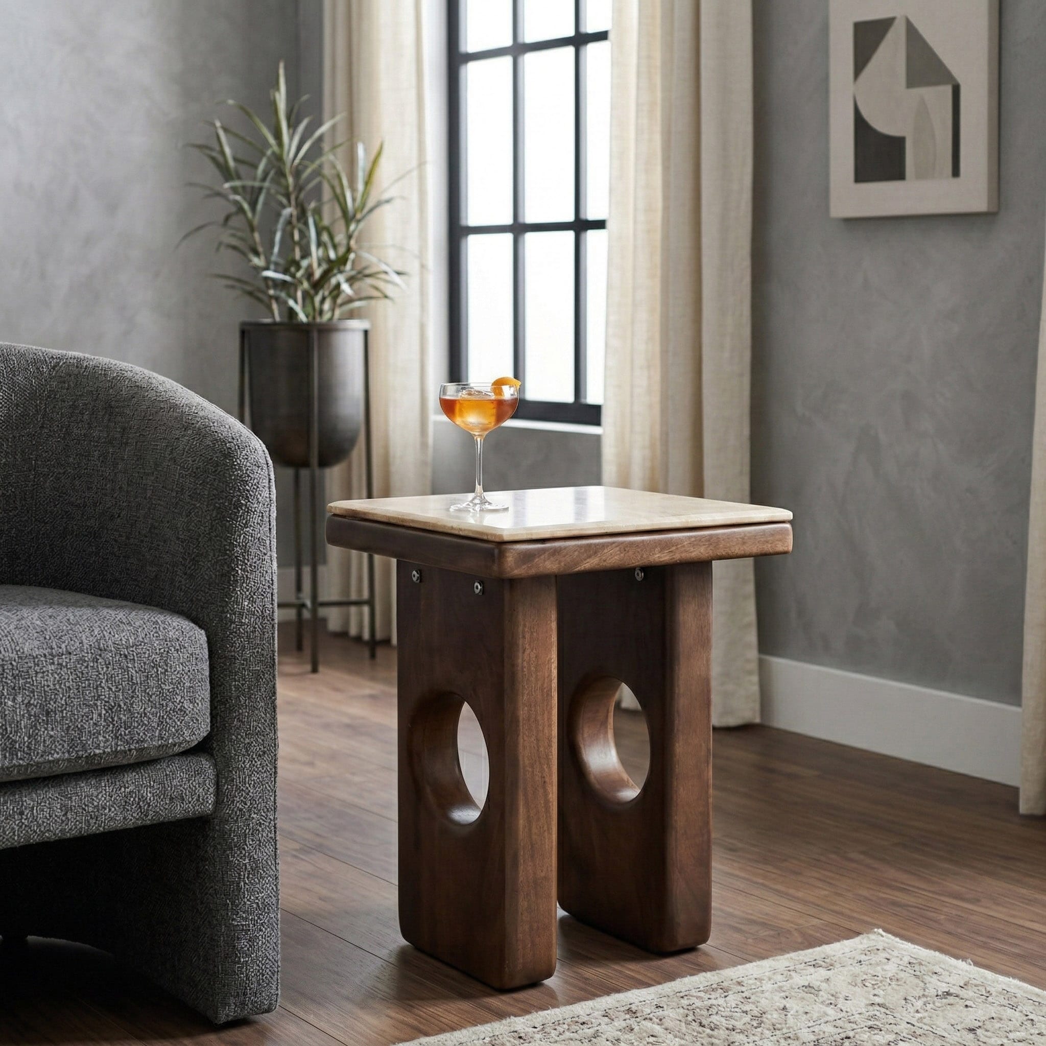 Square Stone Top Accent Side Table With Wood Base 21 Tan Brown 21.0