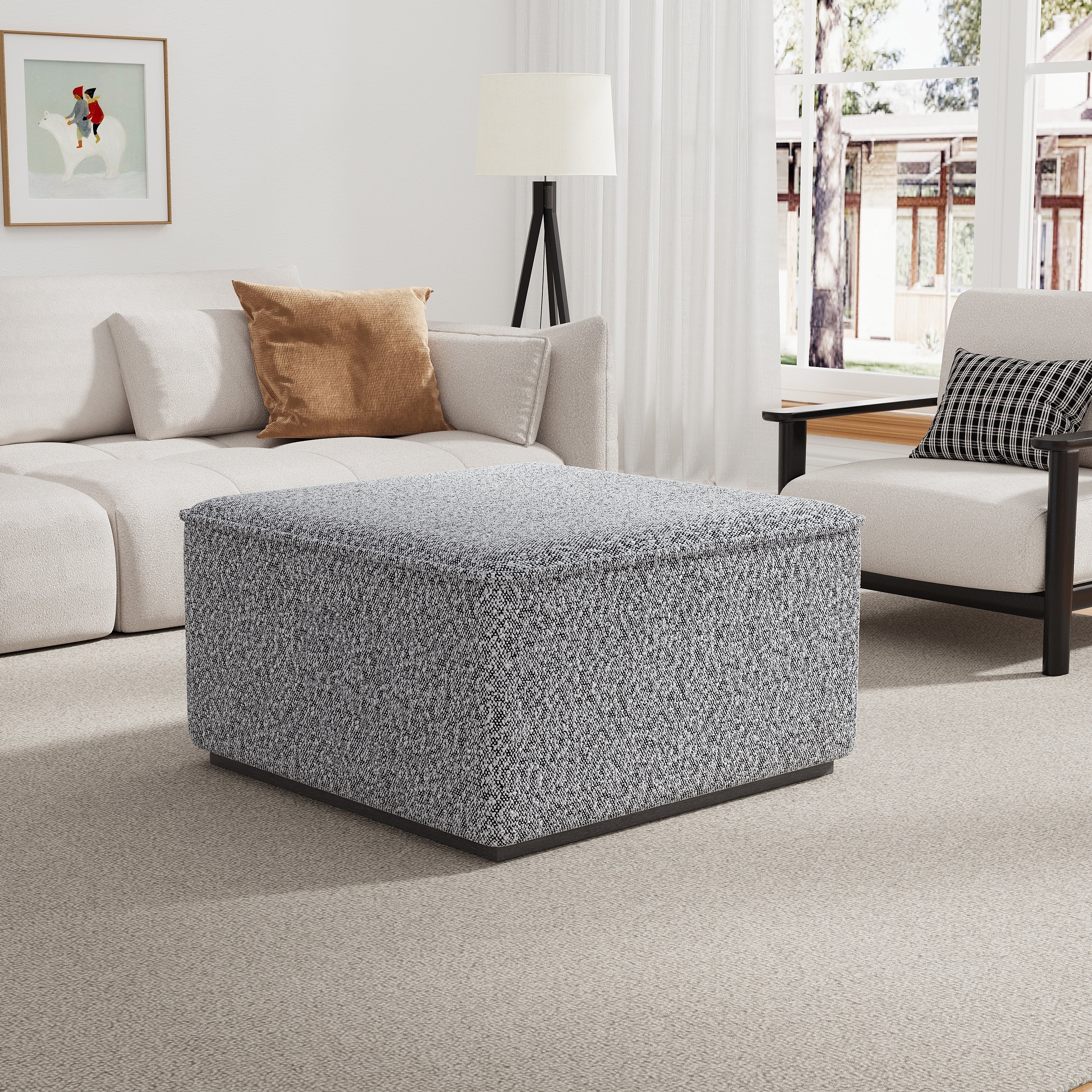 Square Upholstered Ottoman With Black Solid Wood Rubber Feet