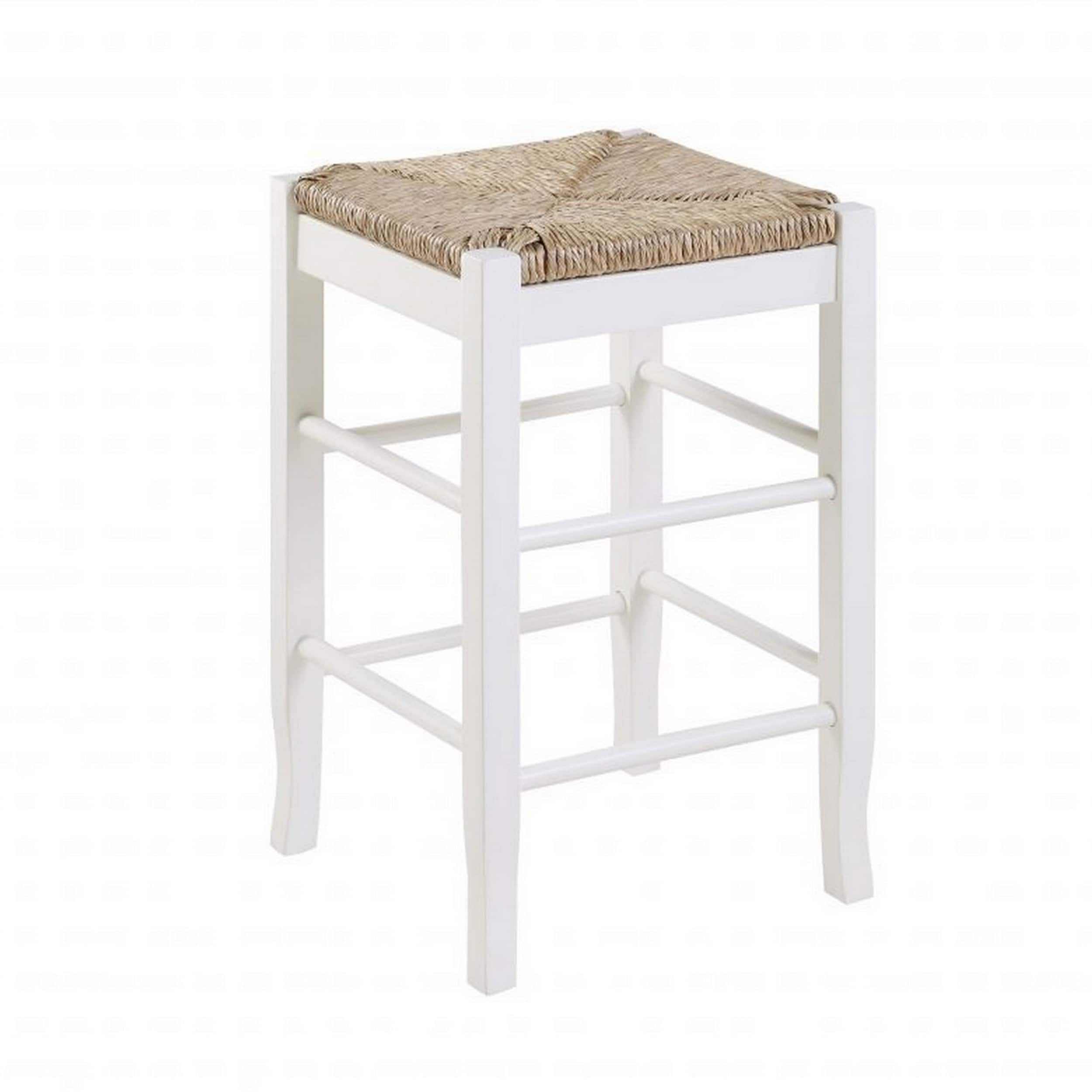 Square Wooden Frame Counter Stool With Hand Woven Rush White And Brown