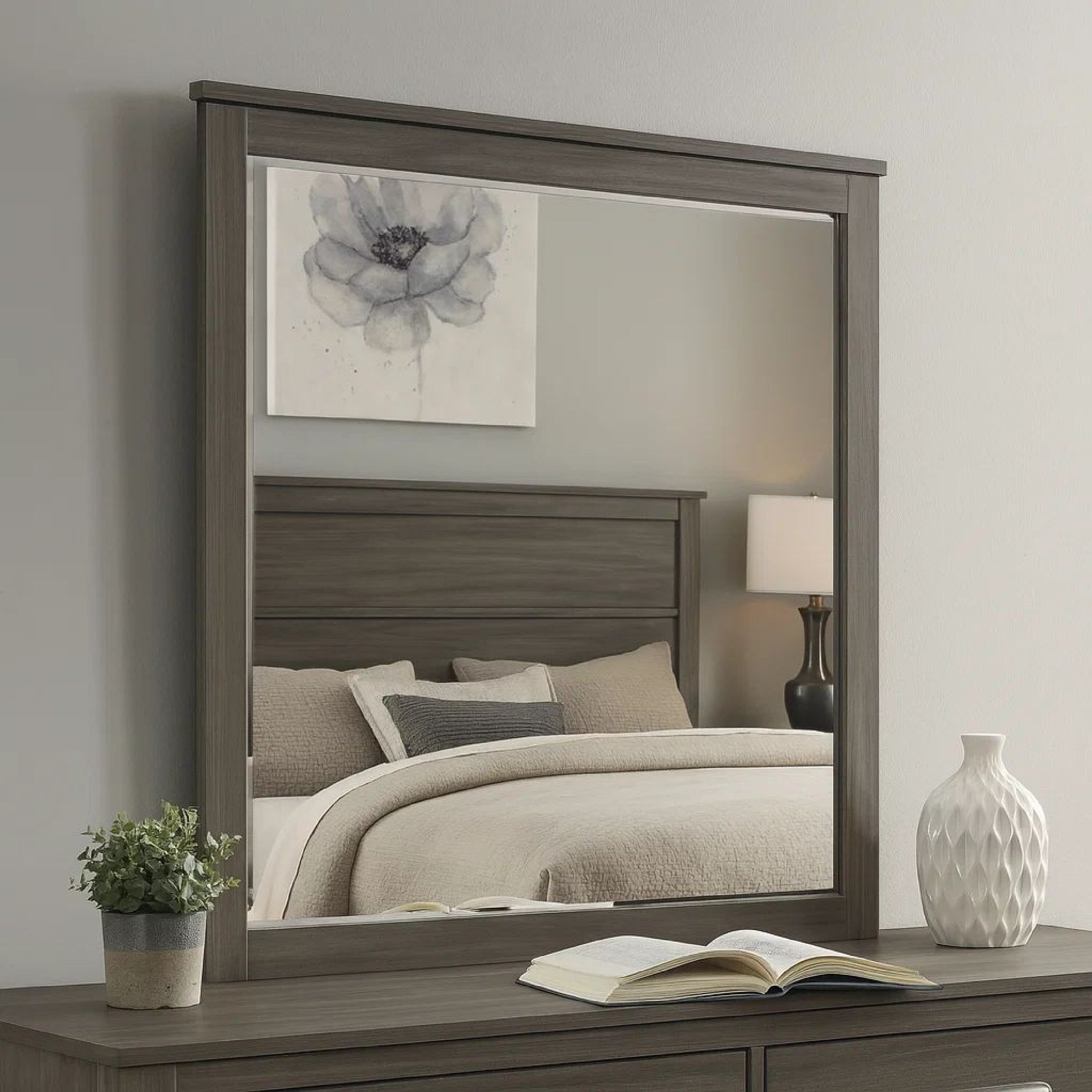 Square Wooden Frame Mirror With Grain Details Dark Gray And Silver