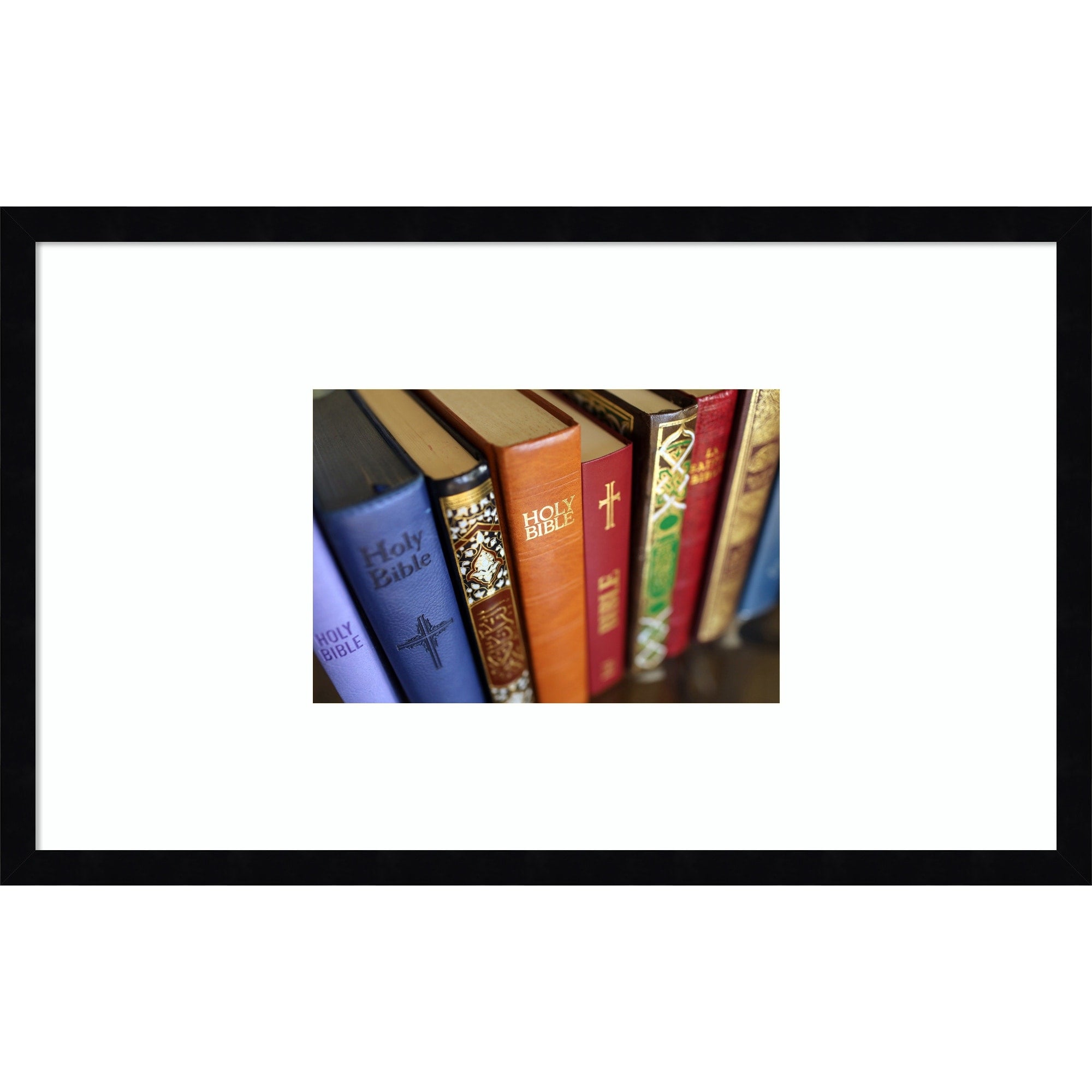 Stack Of Holy Books Bible Quran Wood Framed Wall Art Print