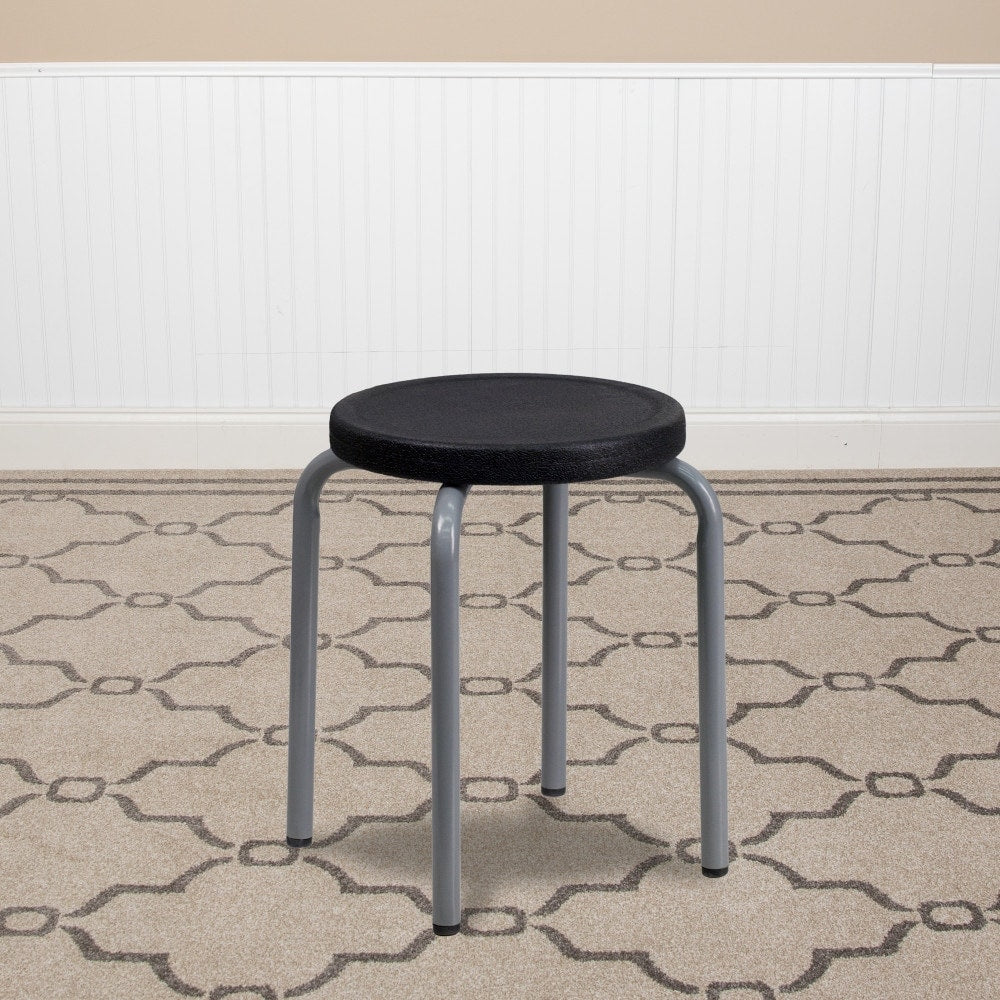 Stackable Stool With Black Seat And Silver Powder Coated Frame