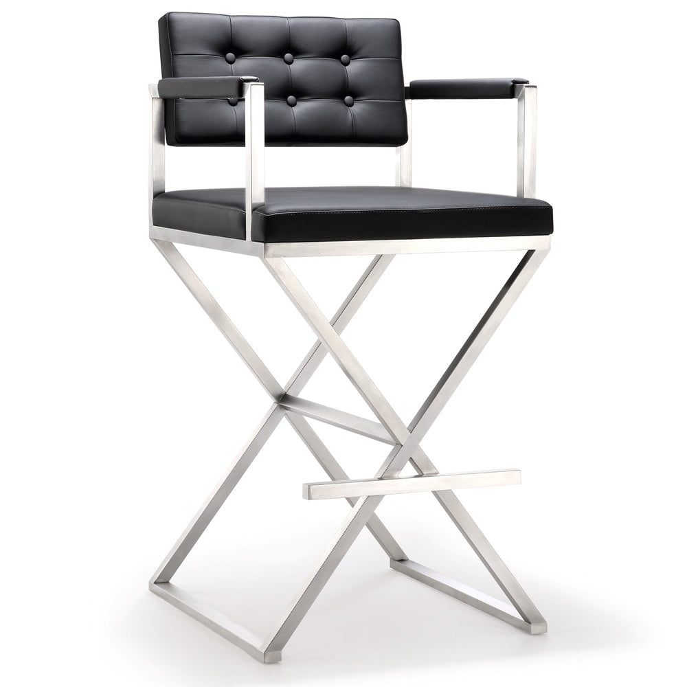 Stainless Steel Black Eco Leather Tufted Back Director Barstool