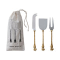Stainless Steel Cheese Knives With Brass Pineapple Handles In Printed Drawstring Bag 8.25 L X 1.0 W X 0.25 H
