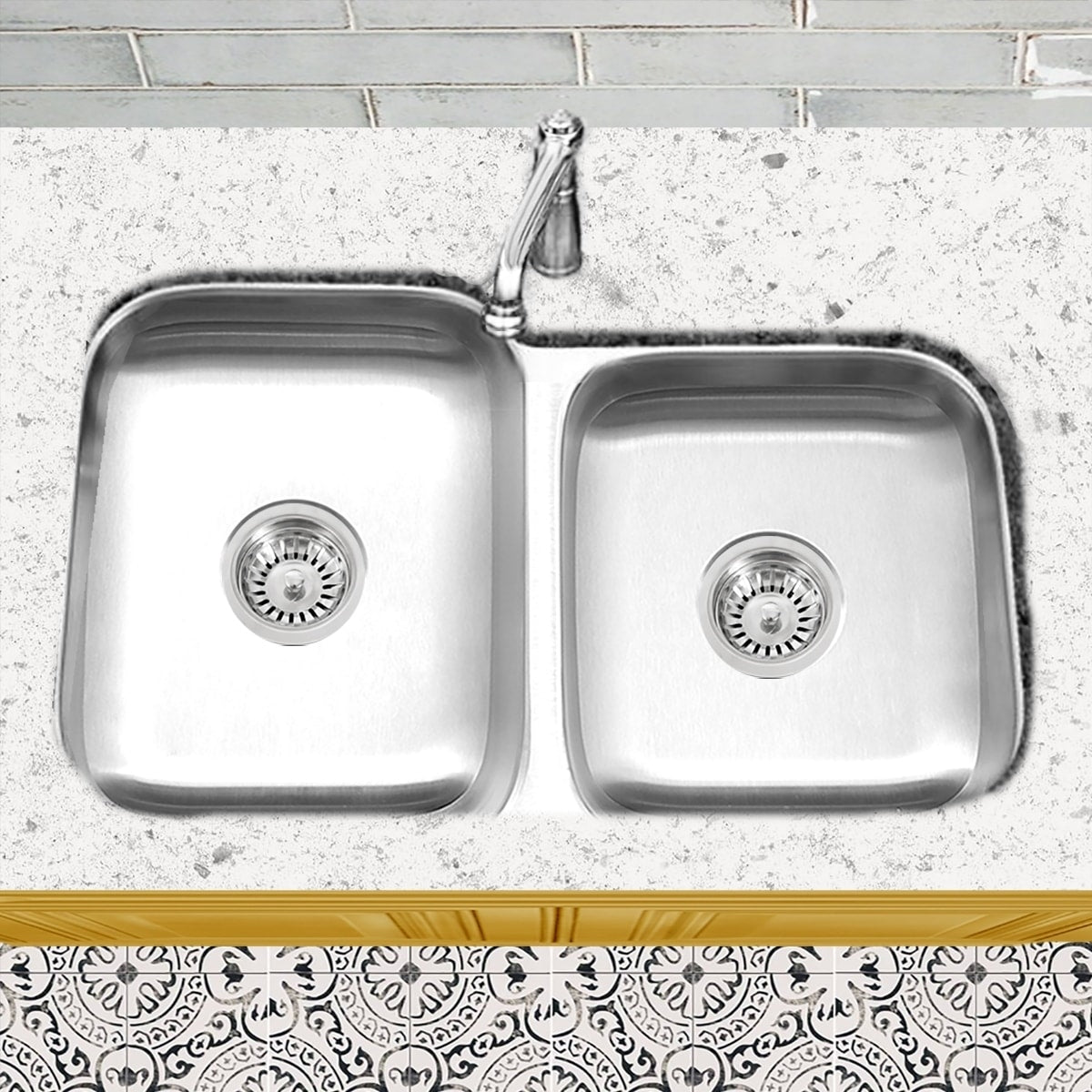 Stainless Steel Offset Double Bowl Kitchen Sink With Drains