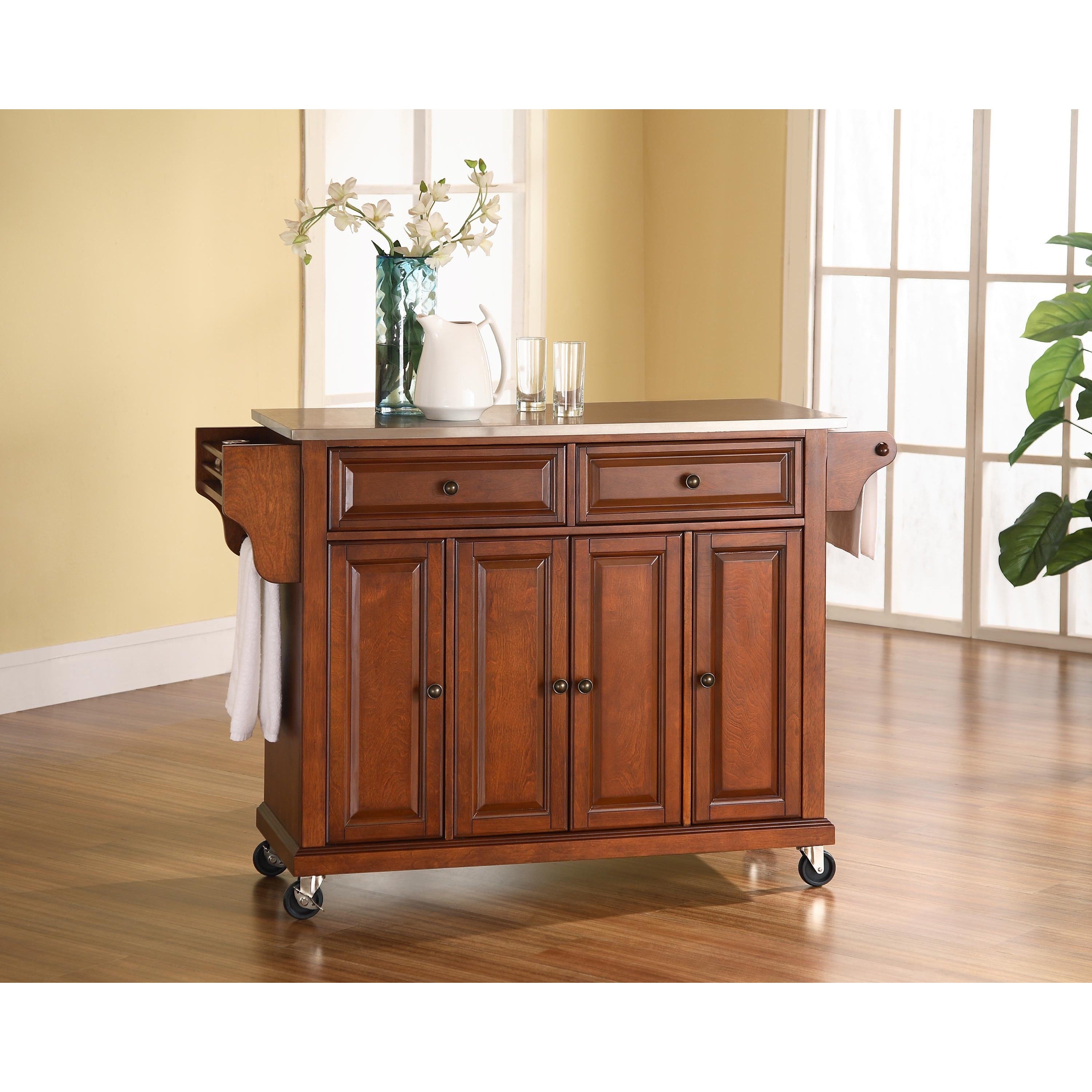 Stainless Steel Top Classic Cherry Finish Kitchen Cart Island