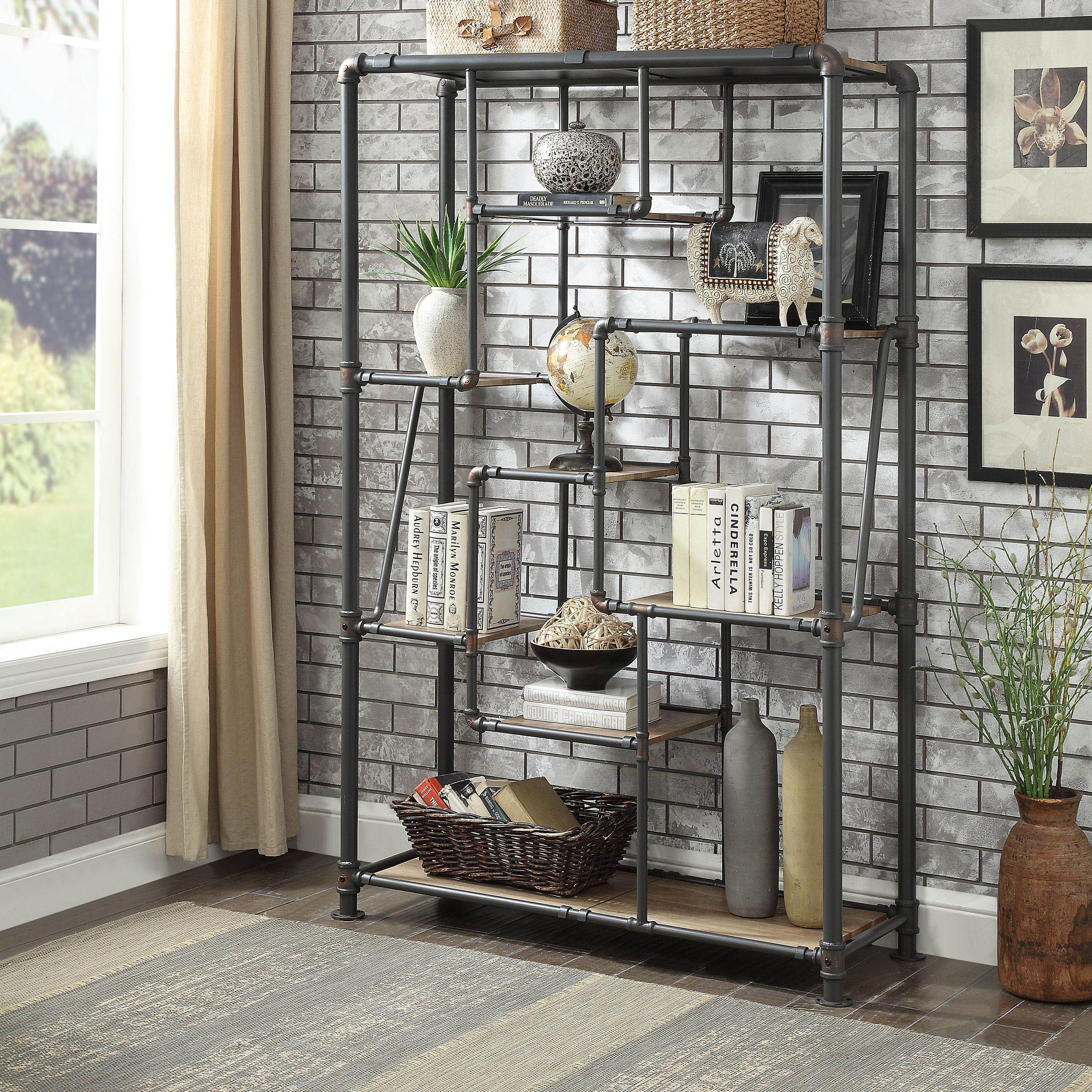 Furniture Of America Stallard Industrial Sand Black Tiered Bookshelf