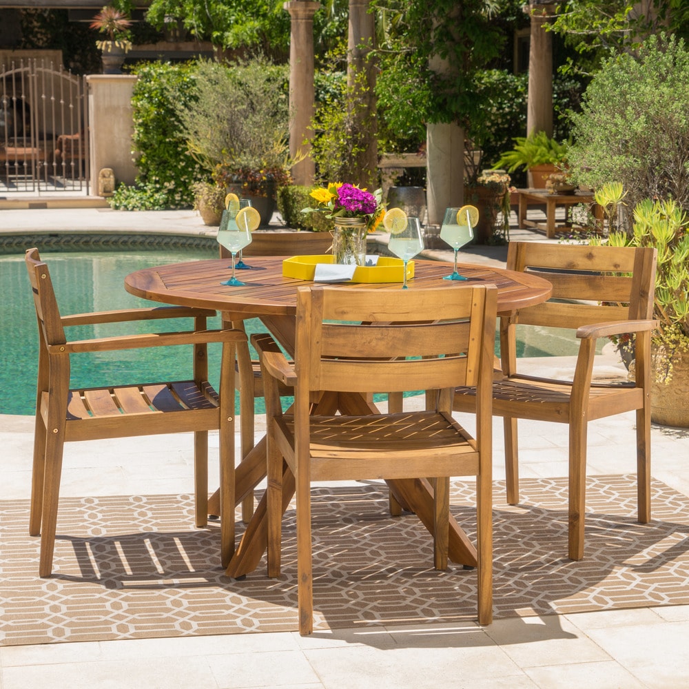 Stamford Outdoor 5 Piece Round Acacia Wood Dining Set By Christopher Knight Home