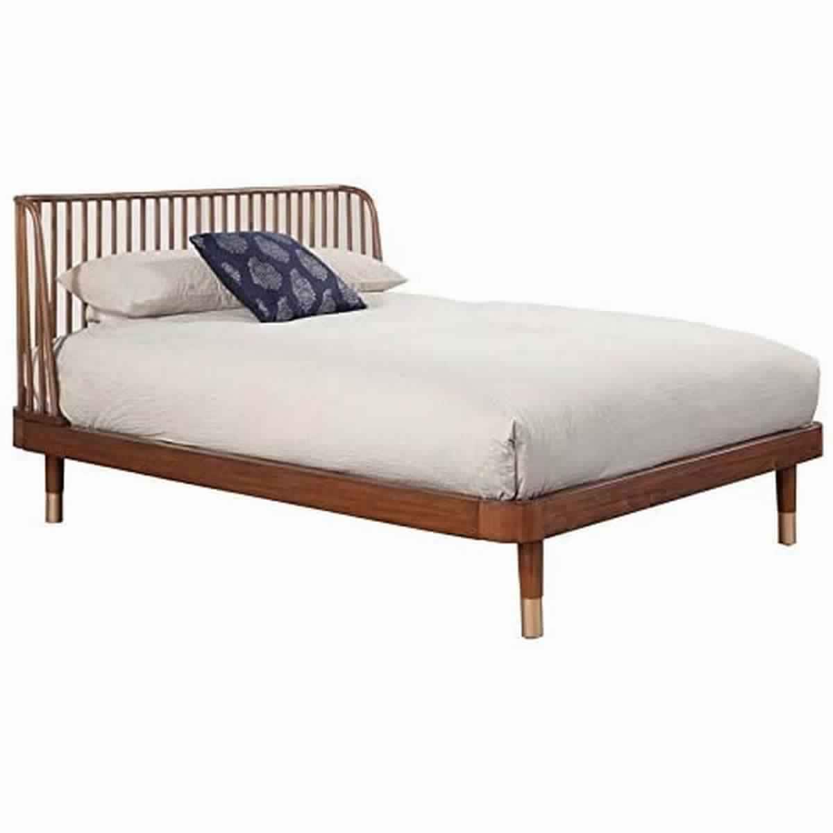 Standard King Platform Bed With Slat Back Rattan Headboard Brown
