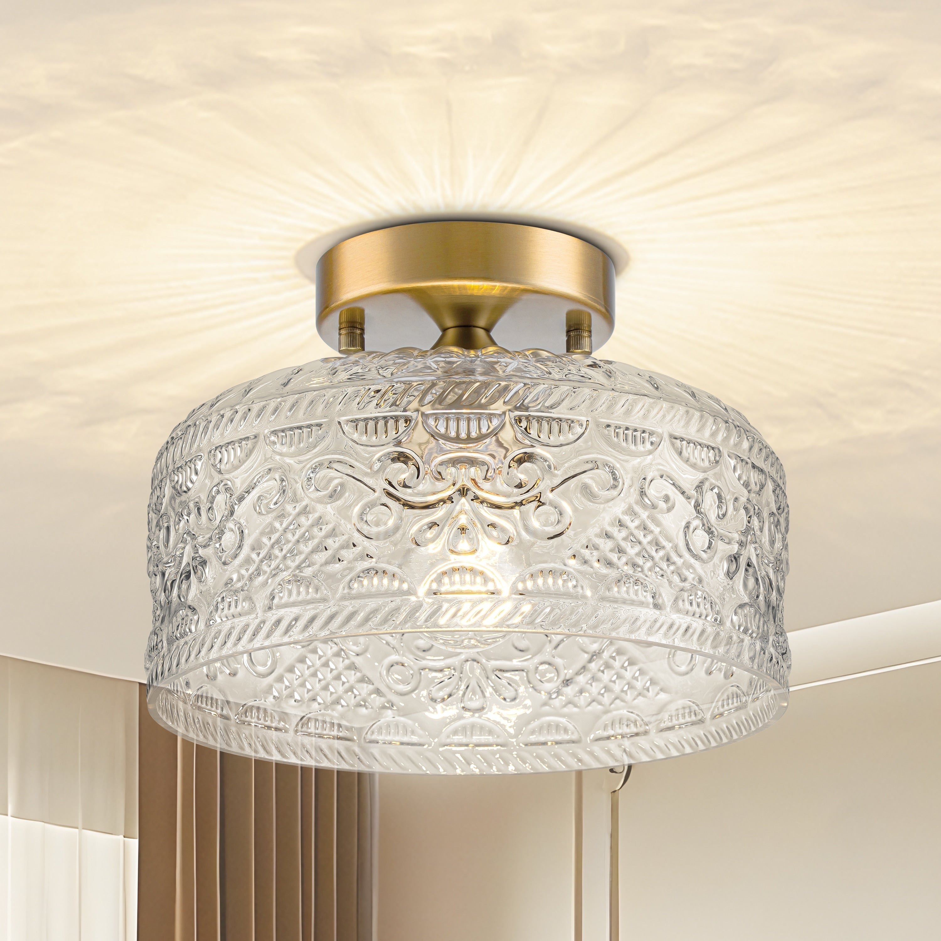 Starsky 1 Light Mid Century Drum Clear Textured Glass Semi Flush Mount