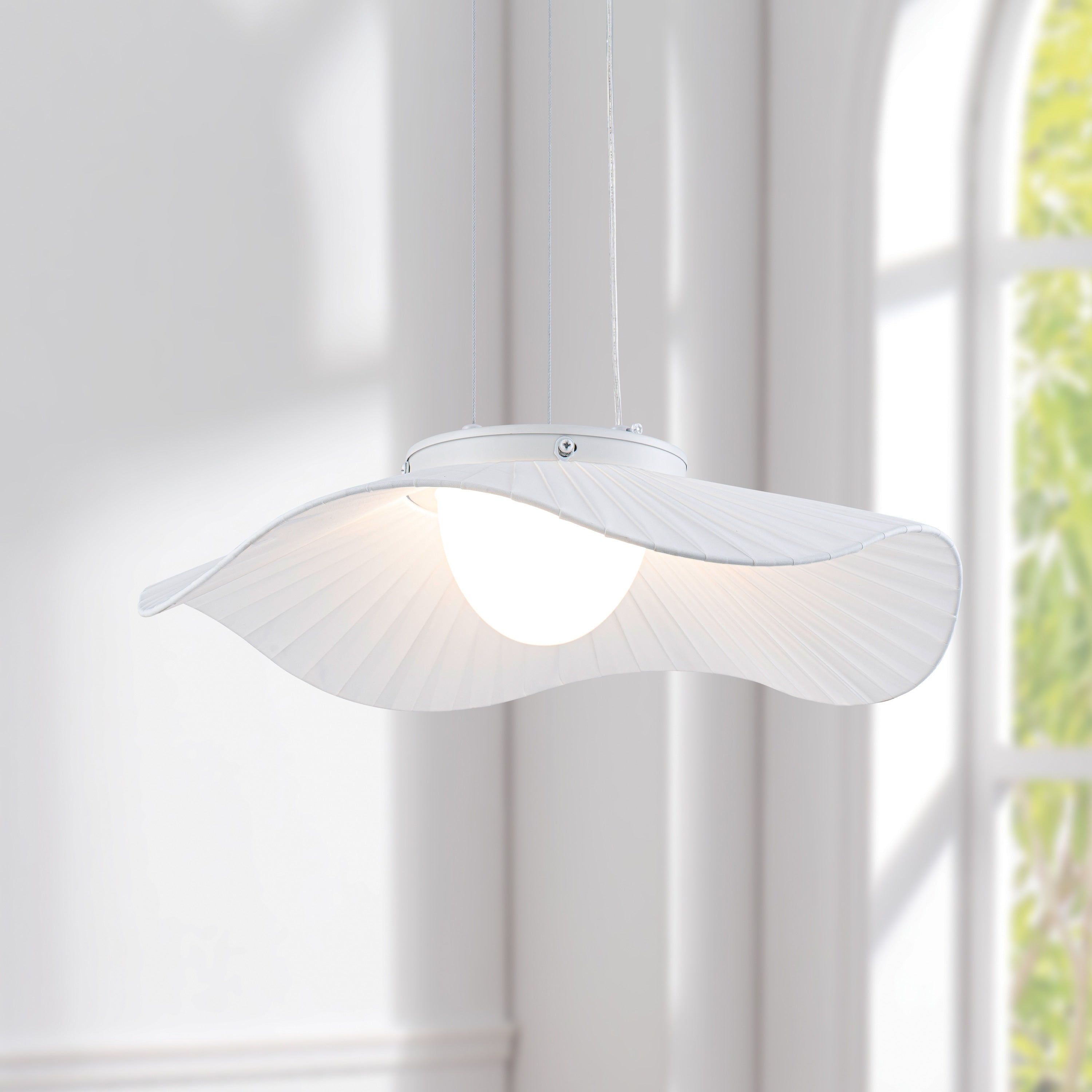 Starsky 2700K Led 16.9 W Modern Sculptural Wave Form Pendant Light With White Fabric Shade For Kitchen Island And Dining Room