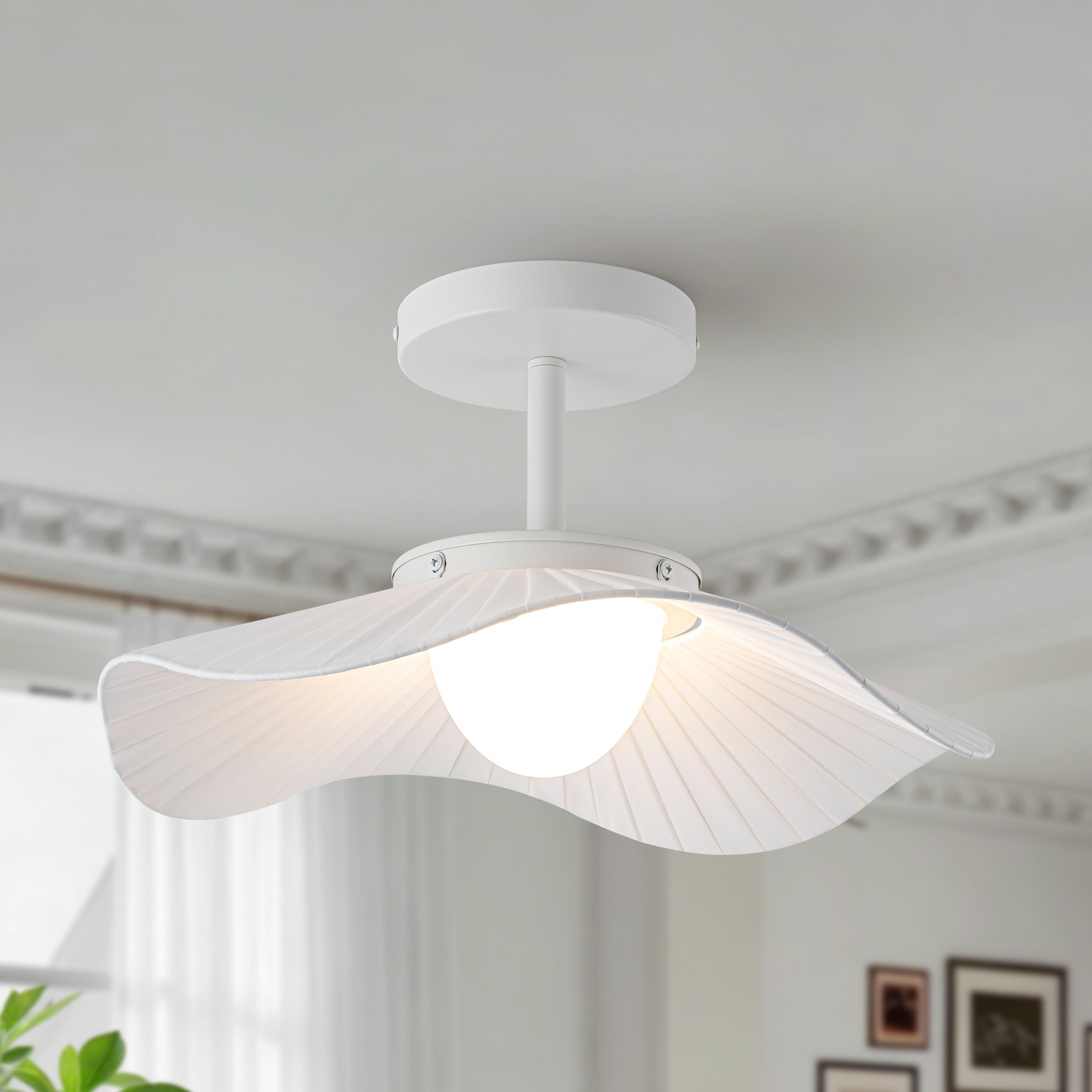 Starsky 2700K Led 16.9 W Modern Wave Semi Flush Mount Ceiling Light With White Fabric Shade For Bedroom Hallway Entryway