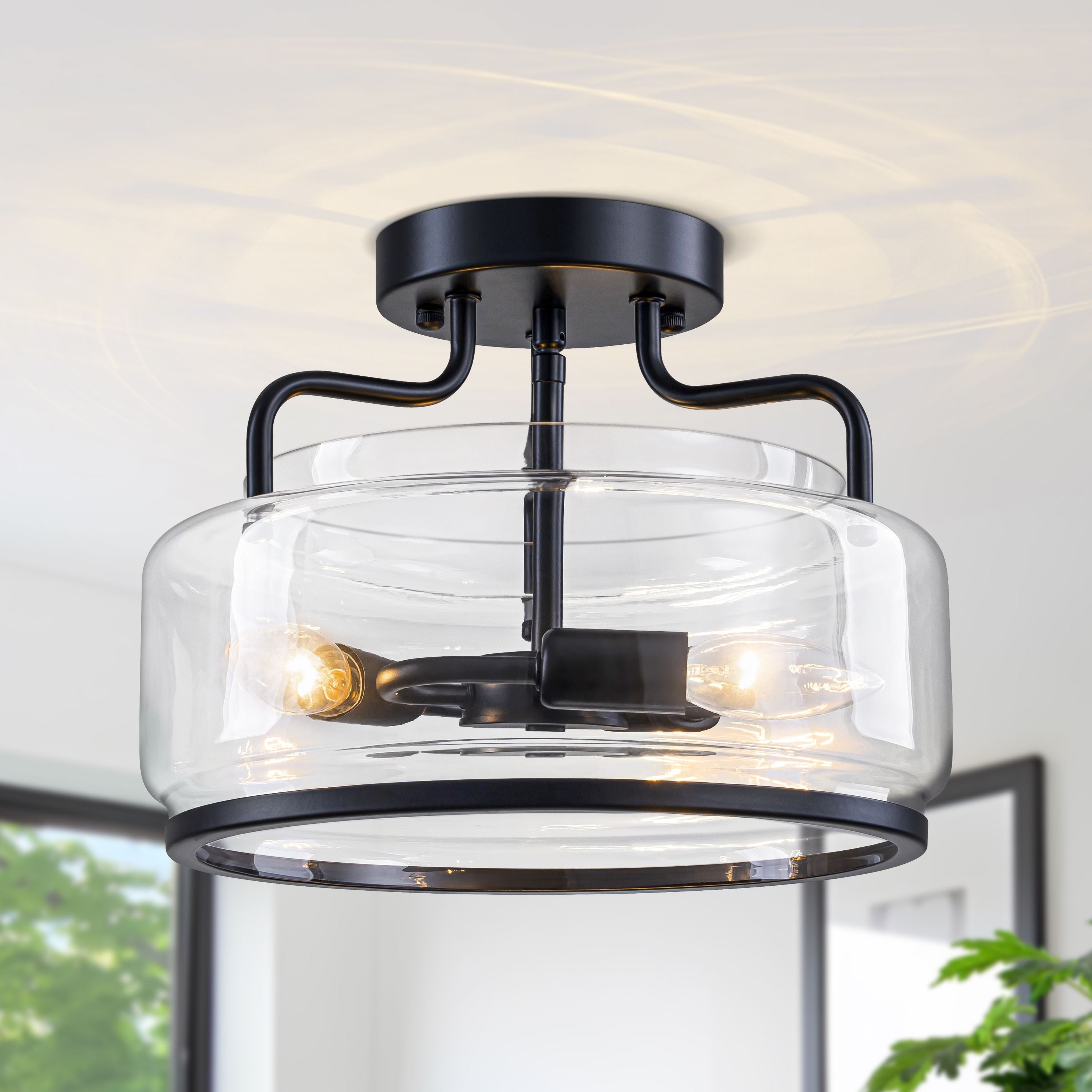 Starsky 3 Light Farmhouse Clear Glass Drum Flush Mount Black