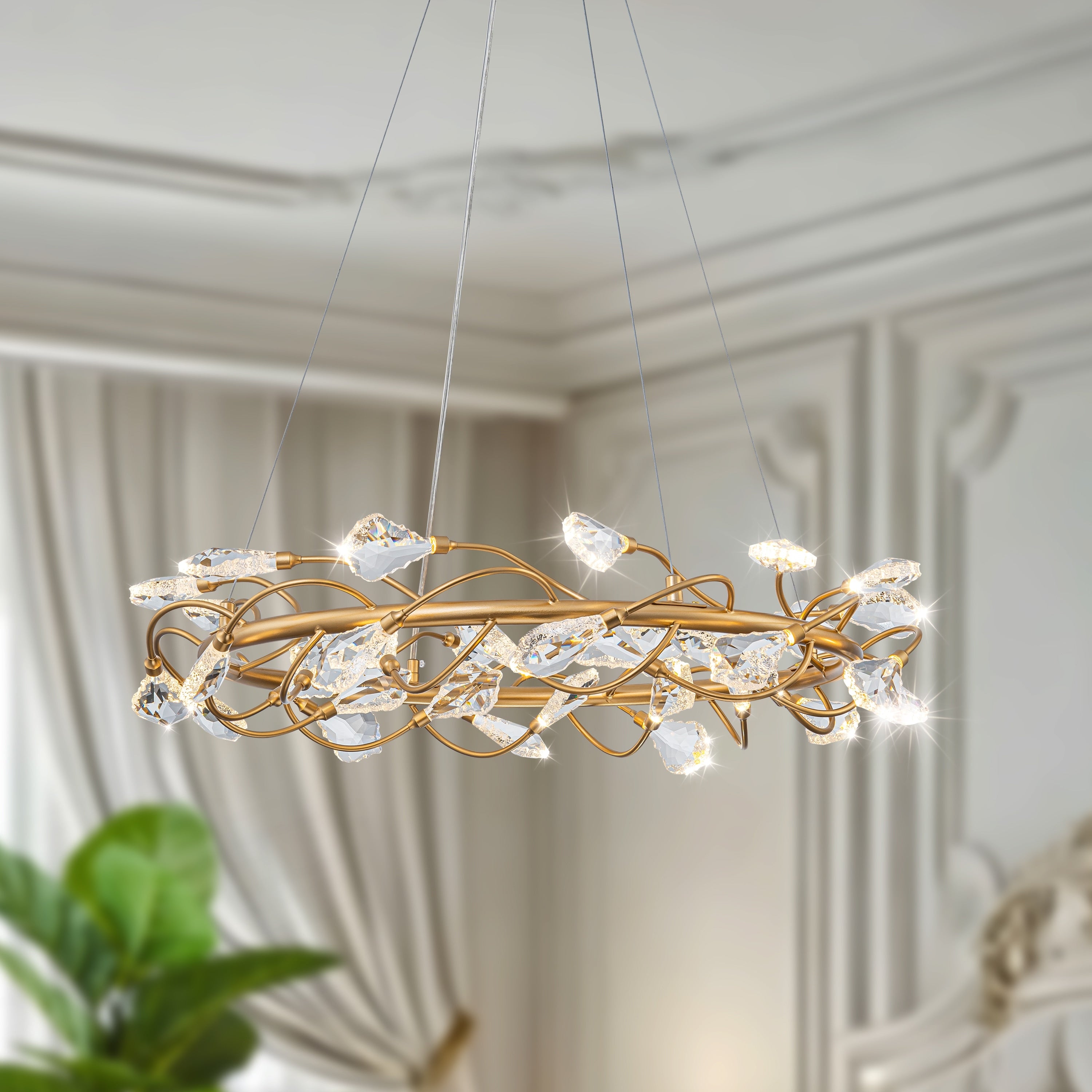 Starsky 3000K Led Modern Glam Crystal Wagon Wheel Chandelier Black Gold For Dining Room Living Room Foyer N A