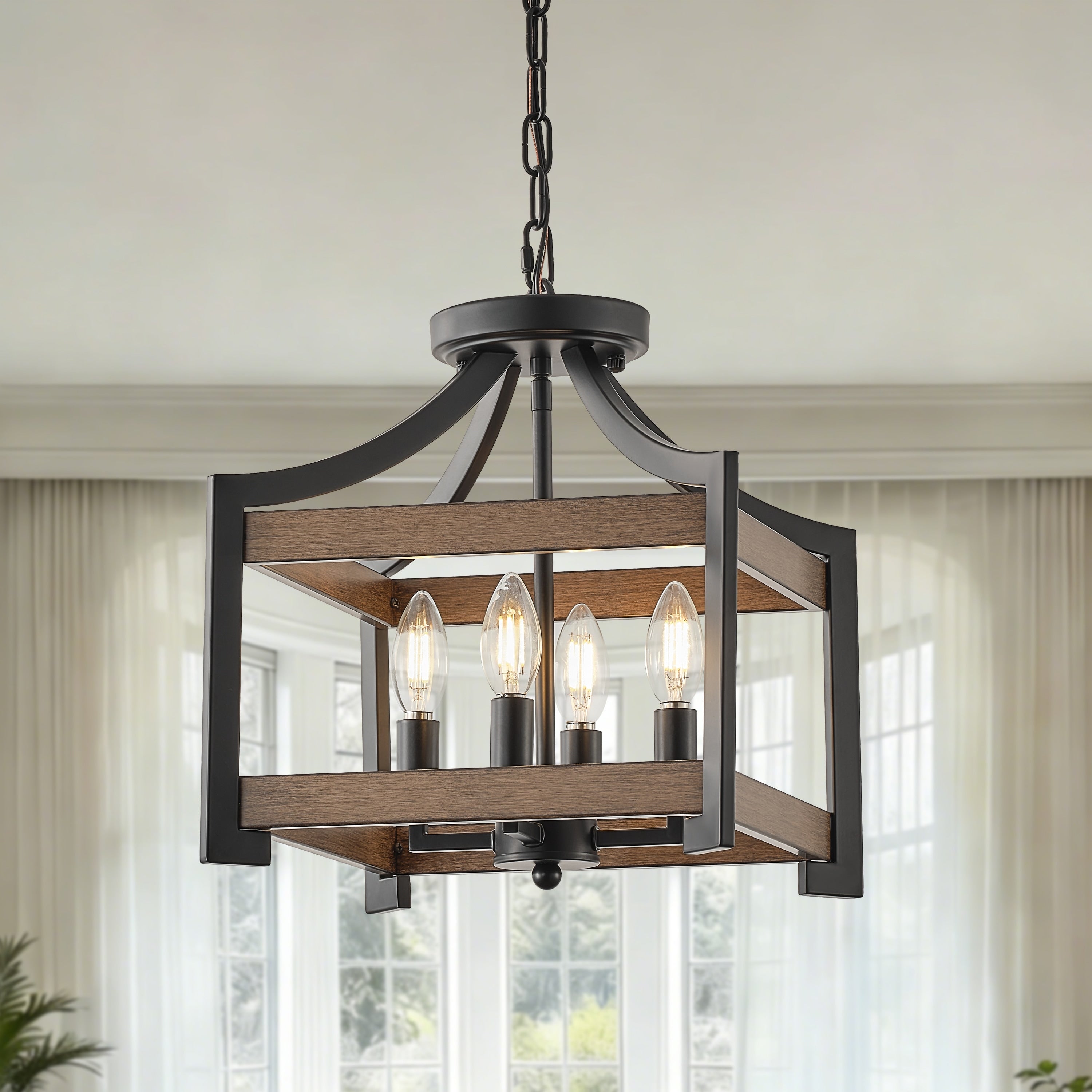 Starsky 4 Light Faux Wood Finish Rectangular Farmhouse Chandelier Matte Black