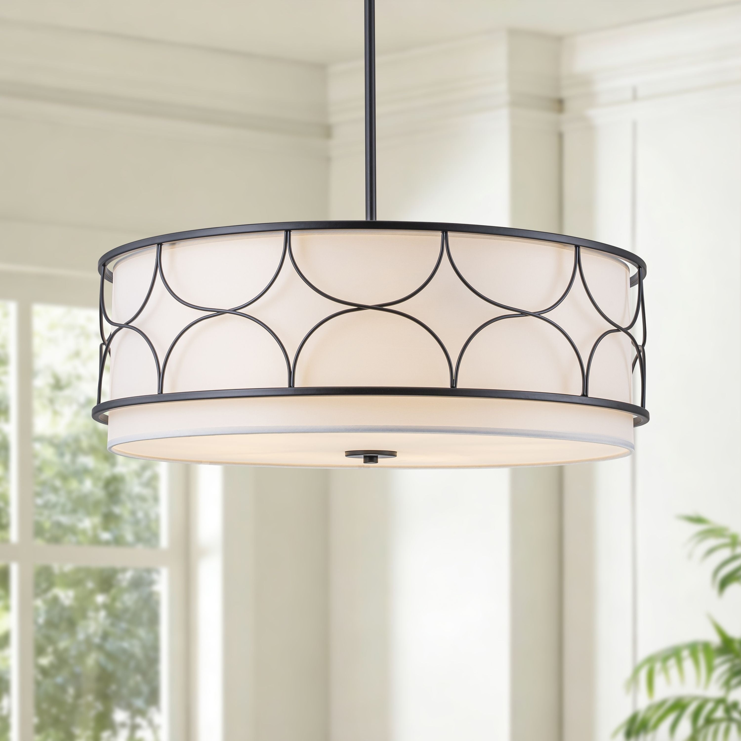 Starsky 5 Light Modern Fabric Drum Chandelier With Metal Deco Black