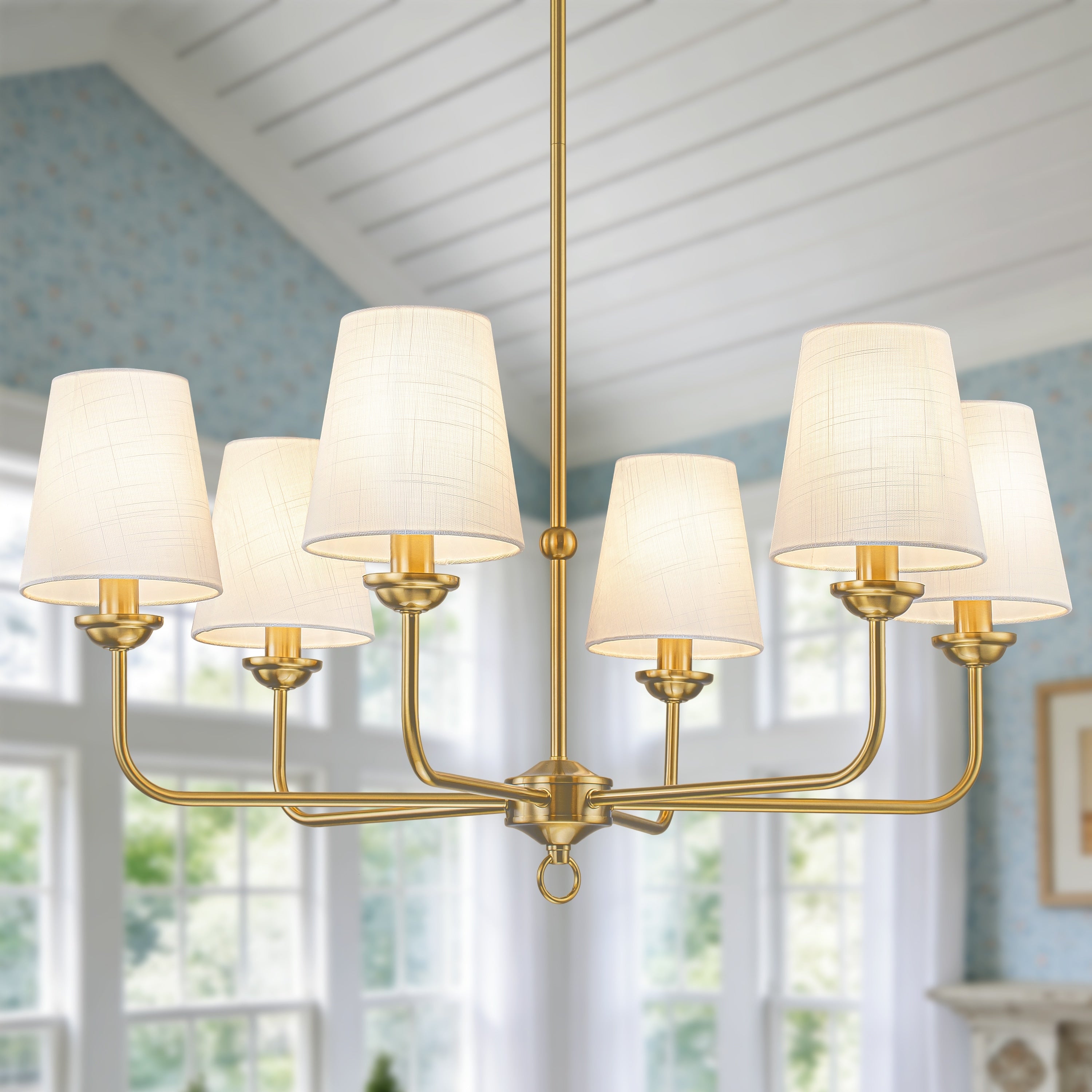 Starsky 6 Light Classic Transitional Chandelier With White Fabric Shades For Dining Room Living Room Entryway
