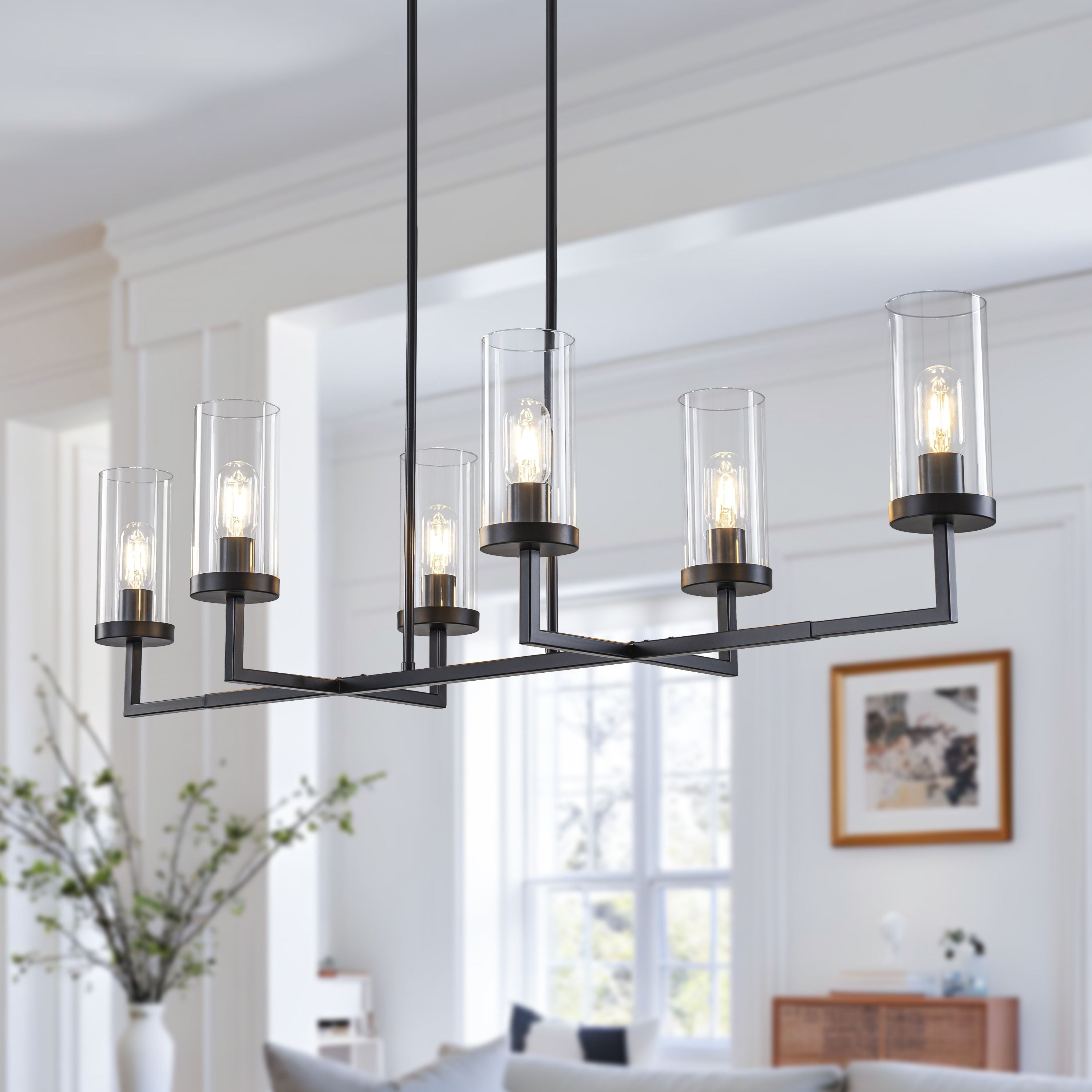 Starsky 6 Light Farmhouse Linear Pendant Light With Double Row Glass Shades