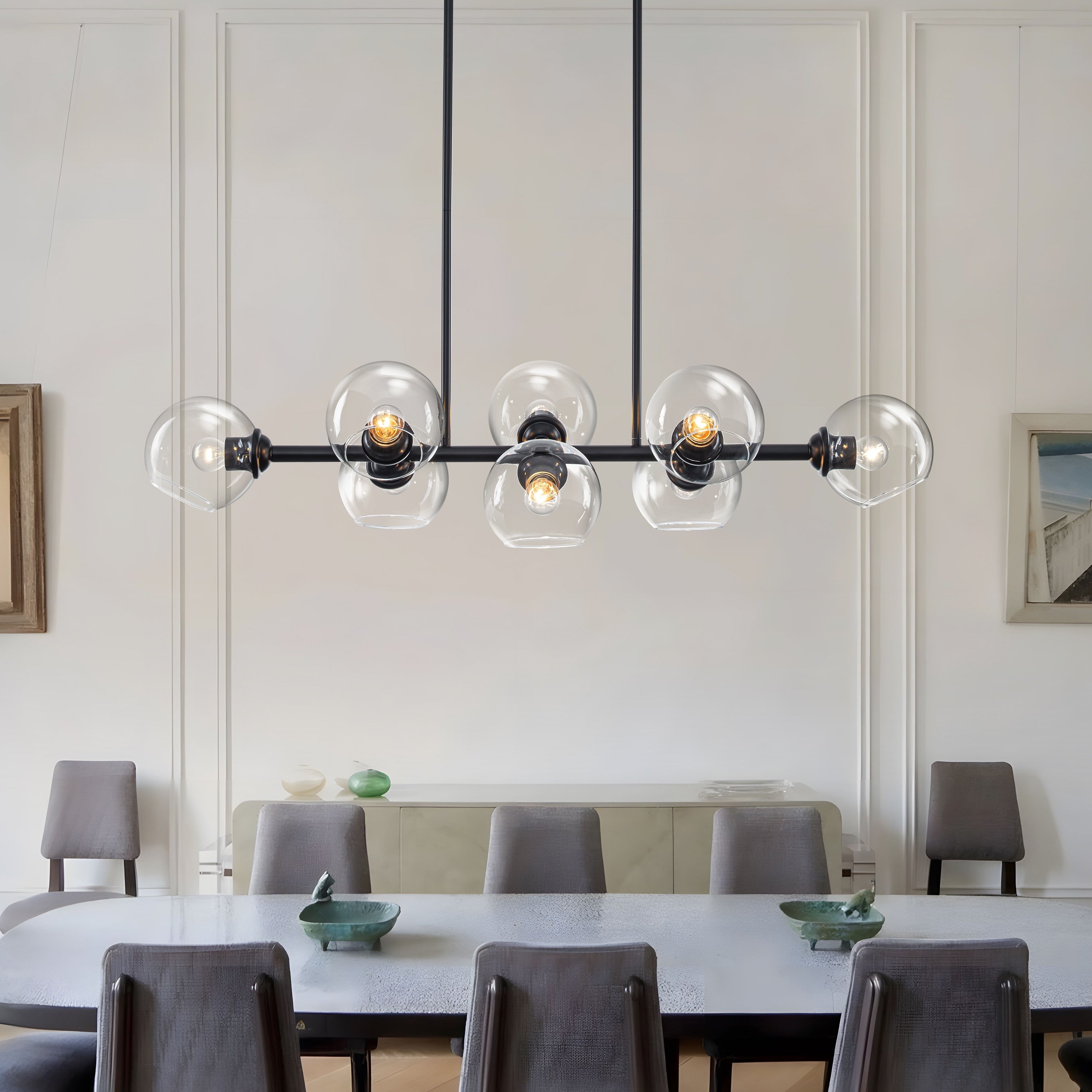 Starsky 8 Light Black Sputnik Modern Linear Chandelier With Clear Glass Shades For Kitchen Dining Room