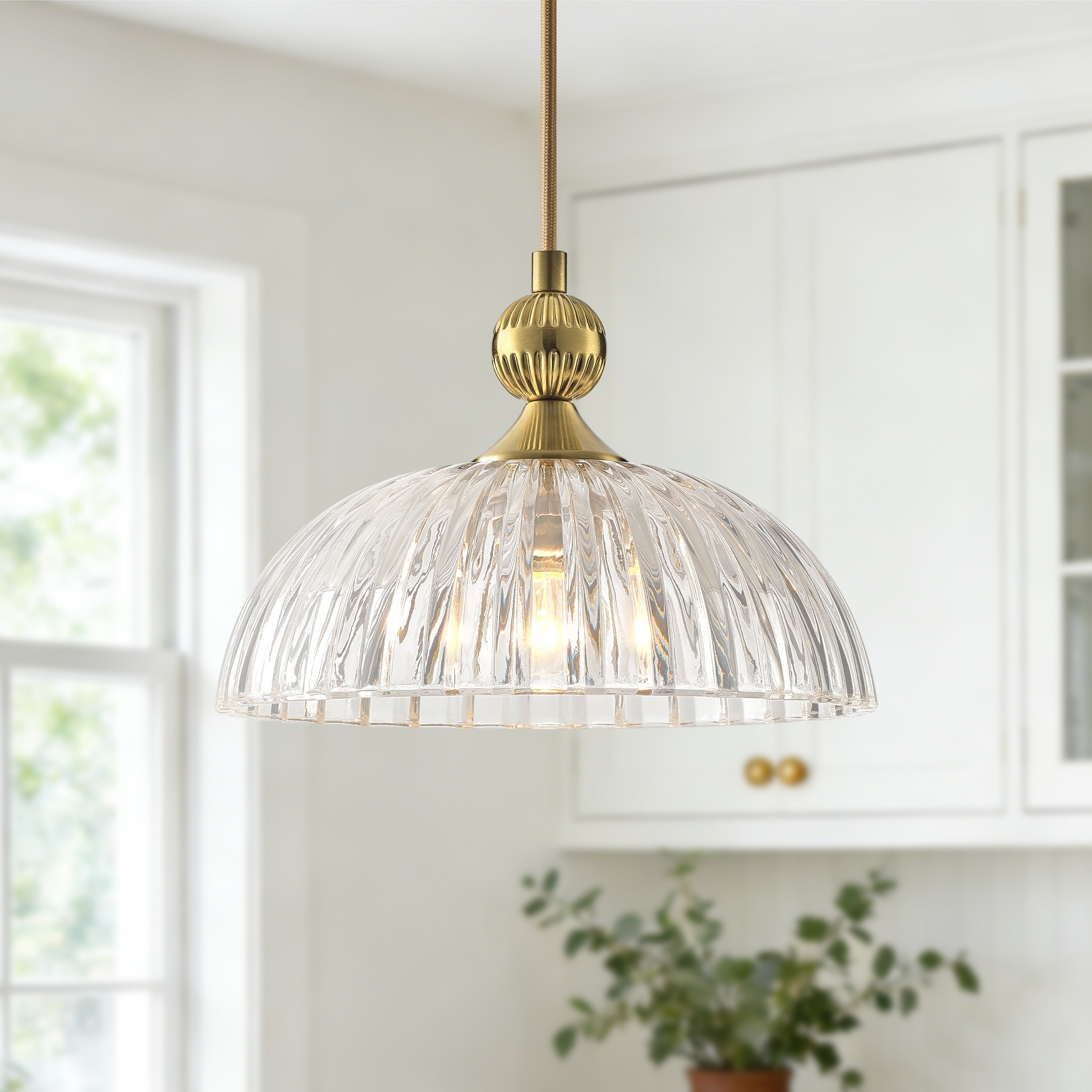 Starsky Ribbed Clear Glass Pendant Light With Dome Shade E26 Kitchen Island Pendant Lighting In Black Or Brushed Gold N A