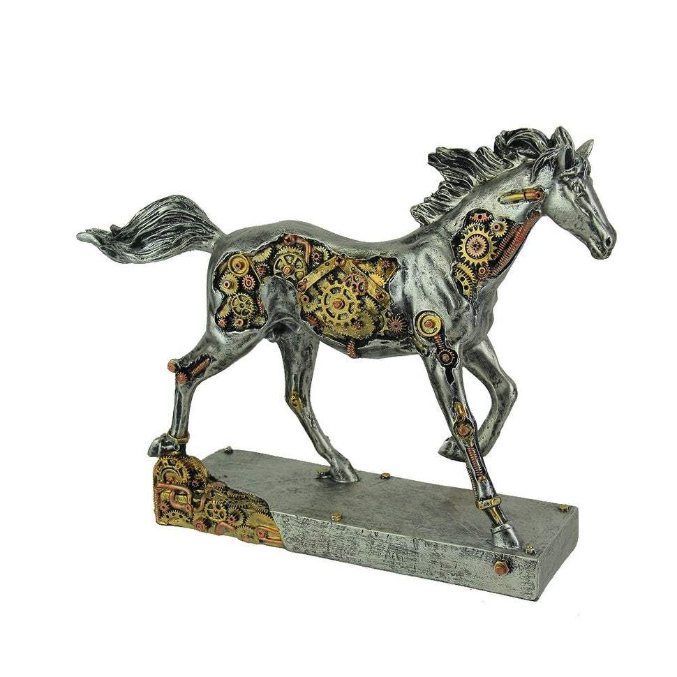 Steam Stallion Metallic Silver Running Steampunk Horse Statue 8.75 X 11.25 X 3 Inches